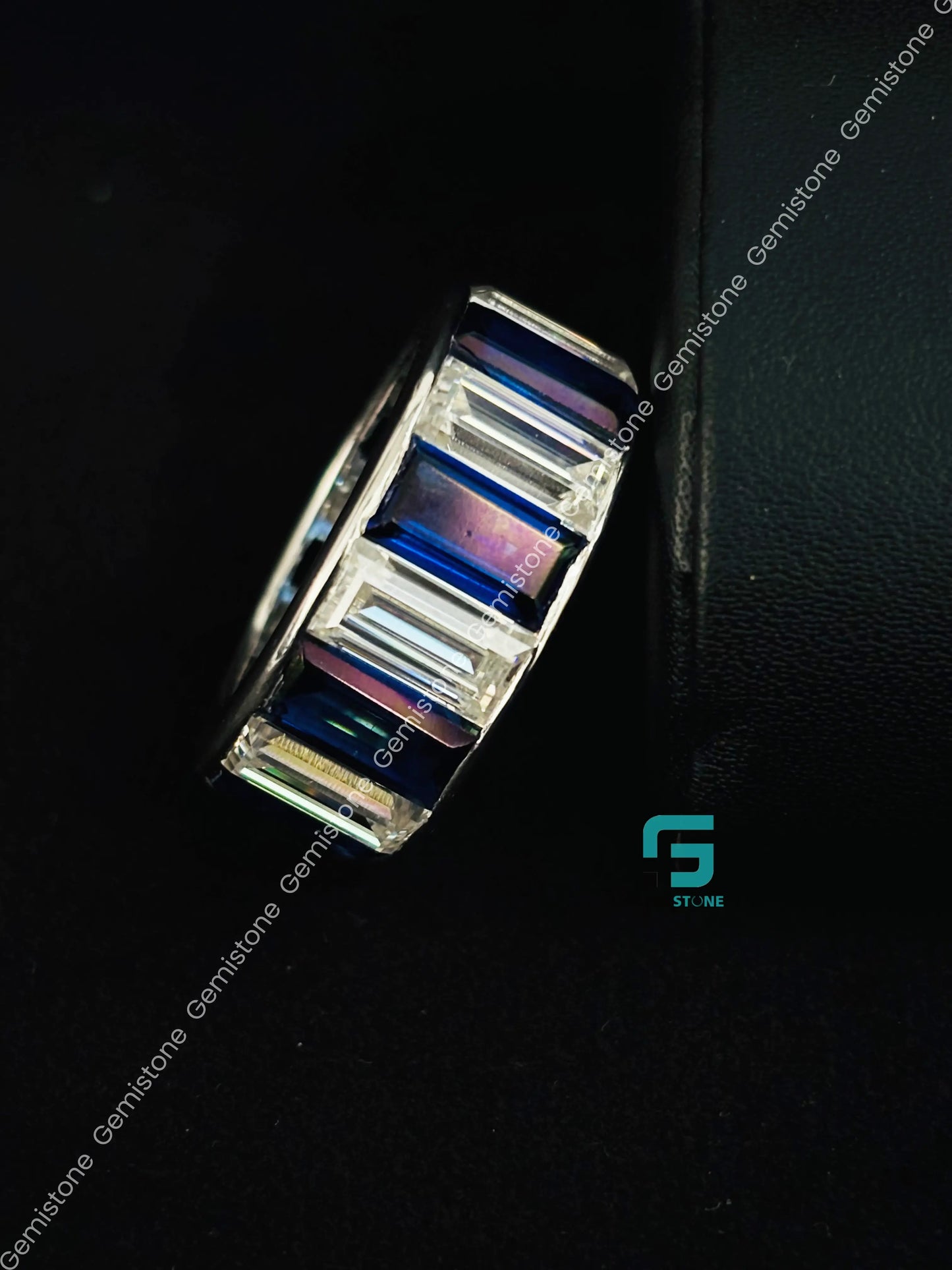 925 Sterling Silver Blue_ White Baguette Moissanite Eternity Band