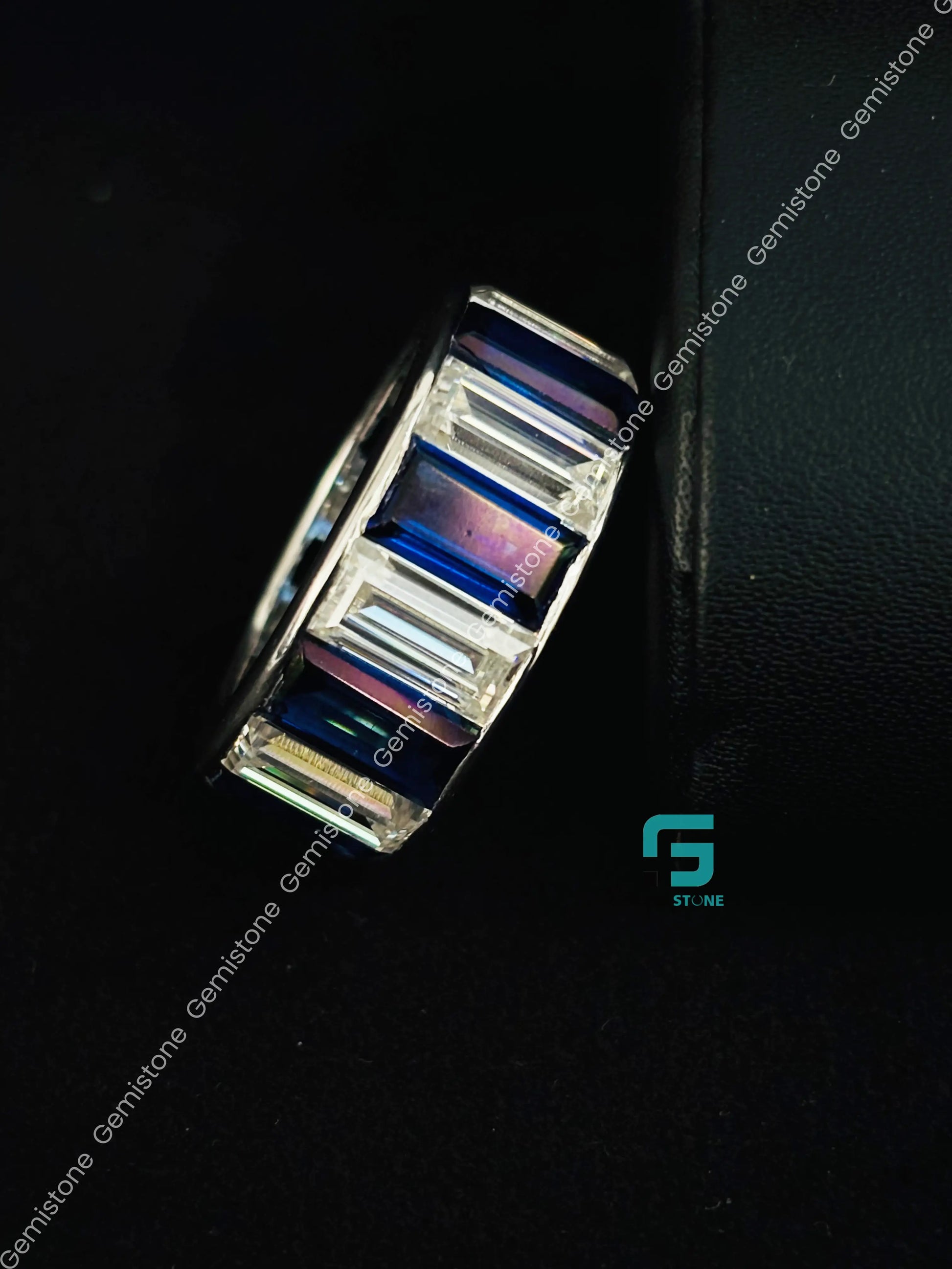 925 Sterling Silver Blue_ White Baguette Moissanite Eternity Band