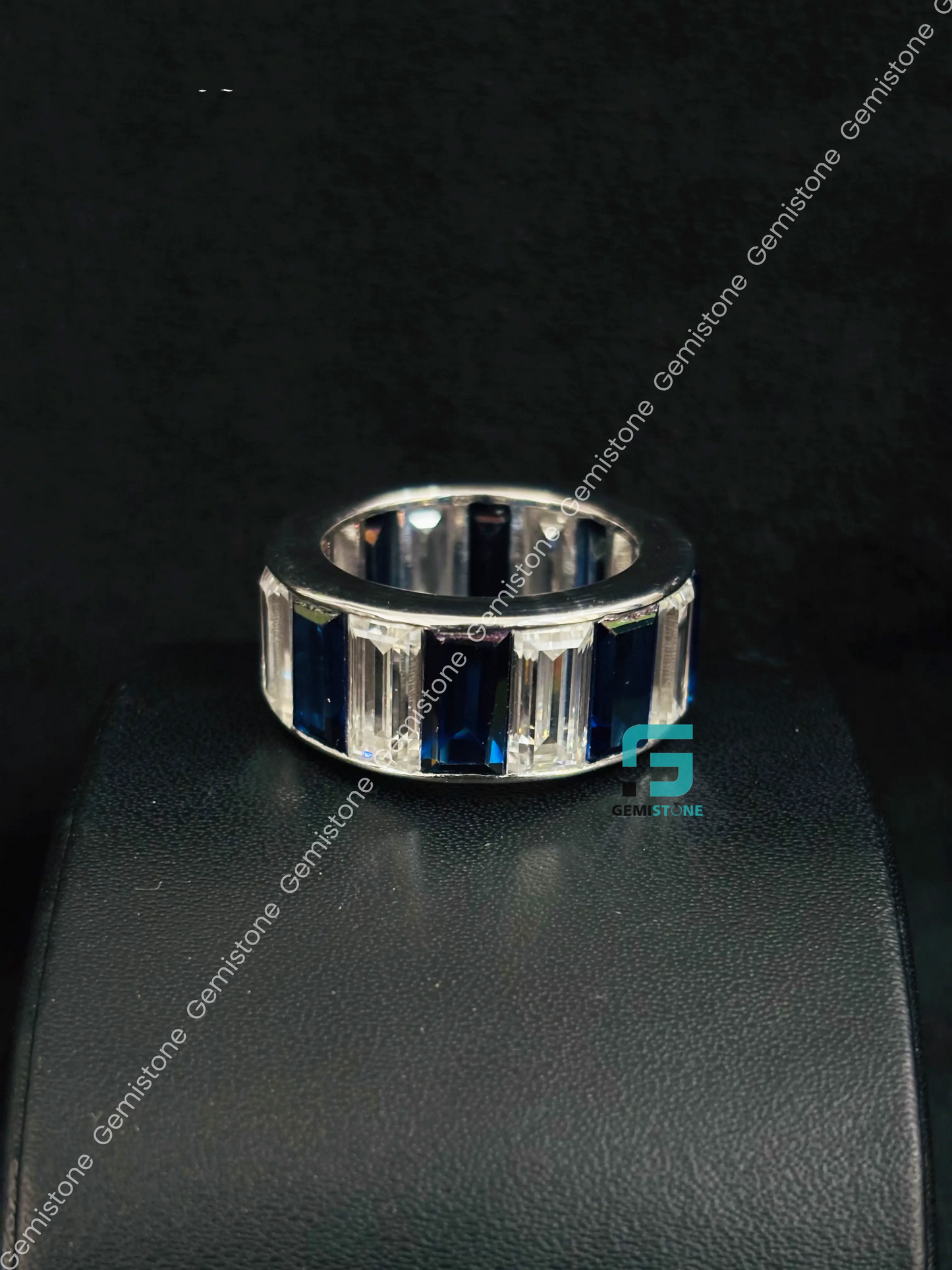 925 Sterling Silver Blue_ White Baguette Moissanite Eternity Band For Men