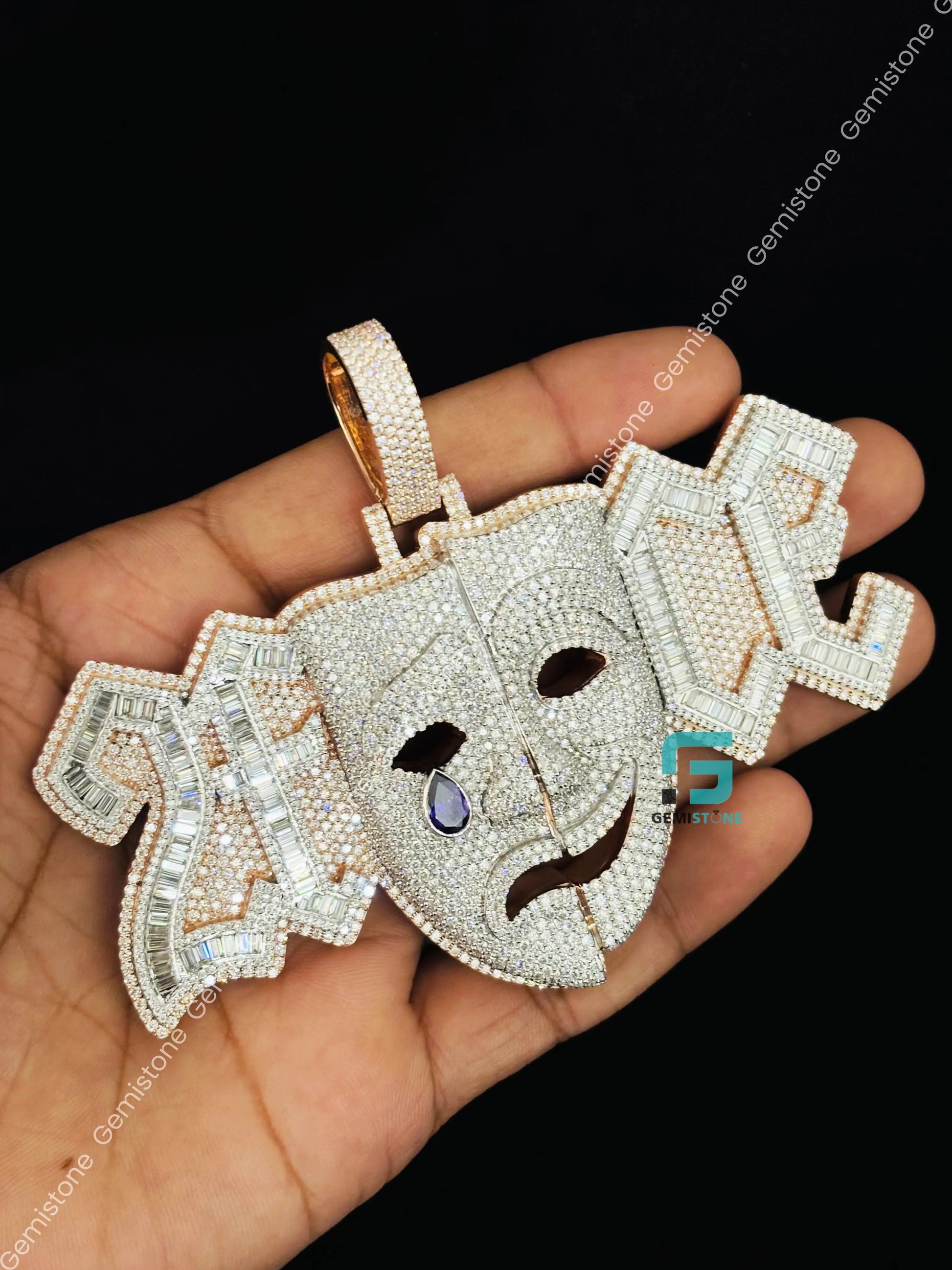 925 Sterling Silver Crying Face Hip Hop Moissanite Pendant