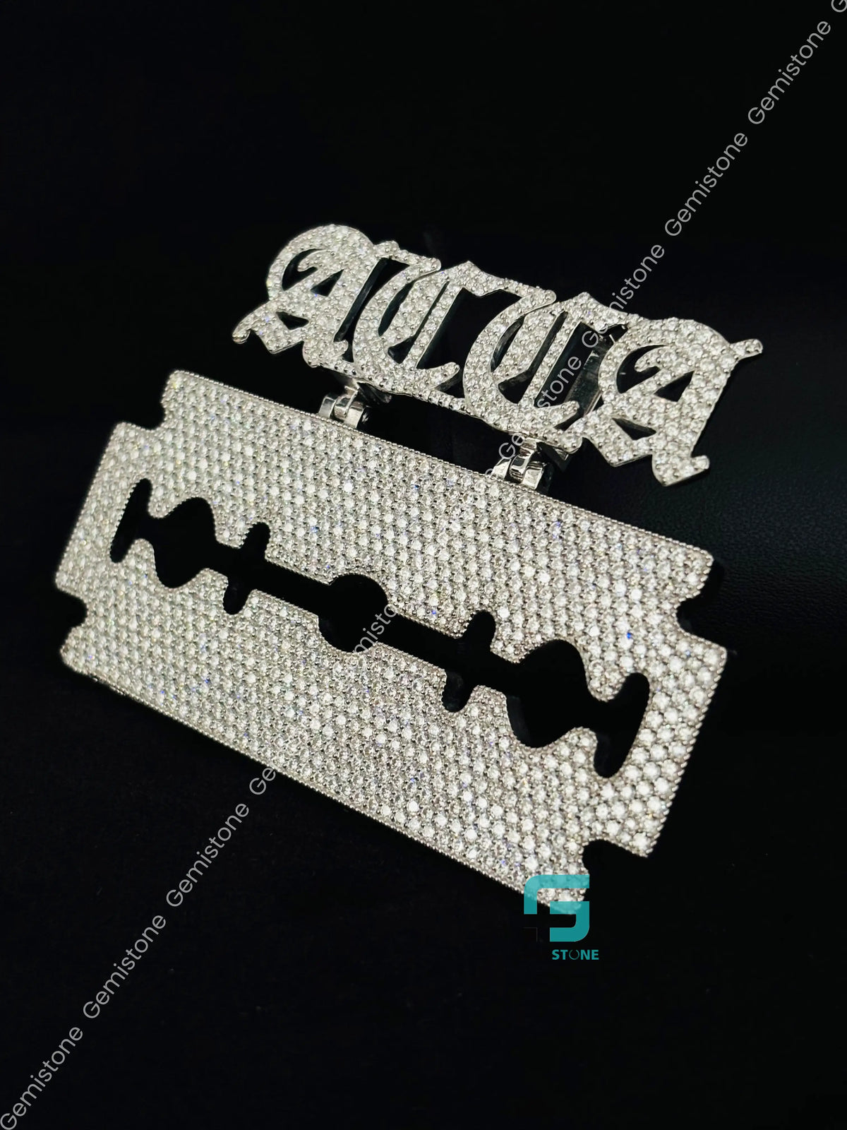 925 Sterling Silver Custom Name With Razor Blade Pendant