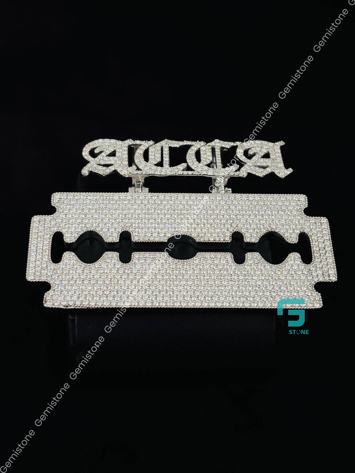 925 Sterling Silver Custom Name With Razor Blade Pendant For Men