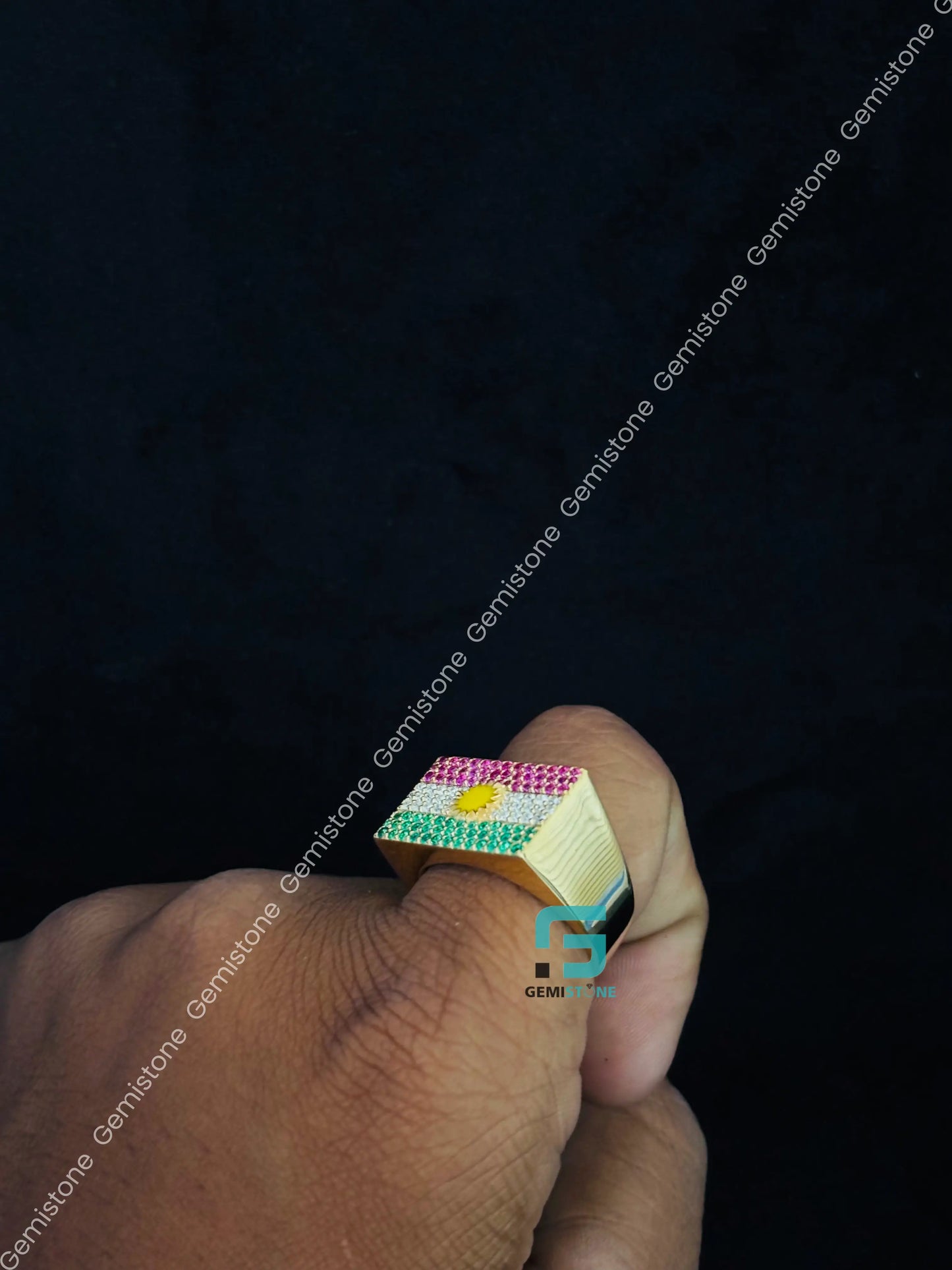 925 Sterling Silver Kurdistan Flag Moissanite Ring For Men