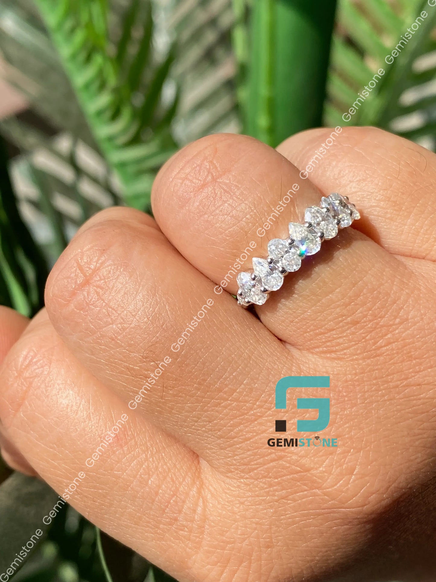 925 Sterling Silver Oval_ Pear Moissanite Half Eternity Band