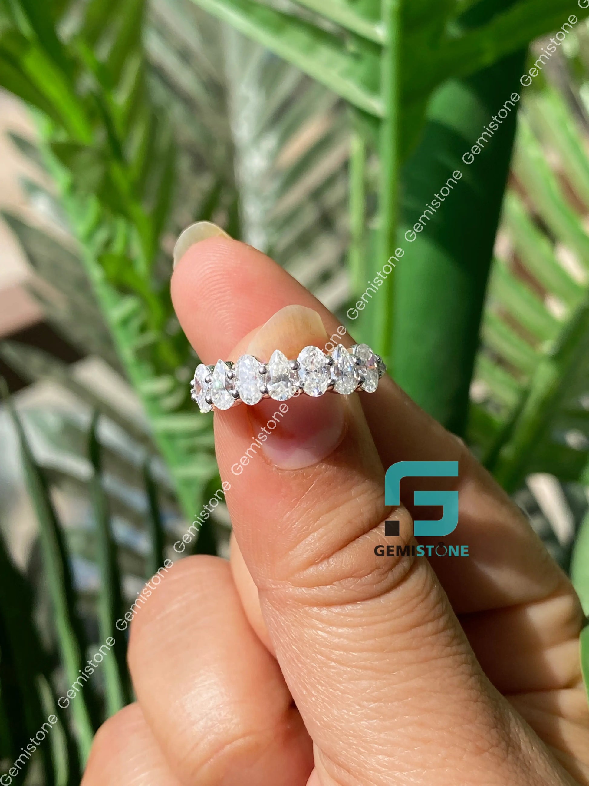 925 Sterling Silver Oval_ Pear Moissanite Half Eternity Band For Women