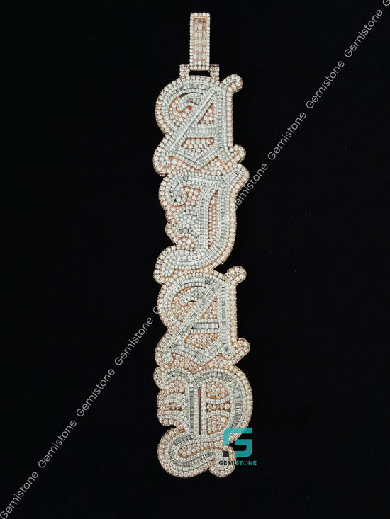 Two Tone Custom Name Baguette Moissanite Vertical Pendant