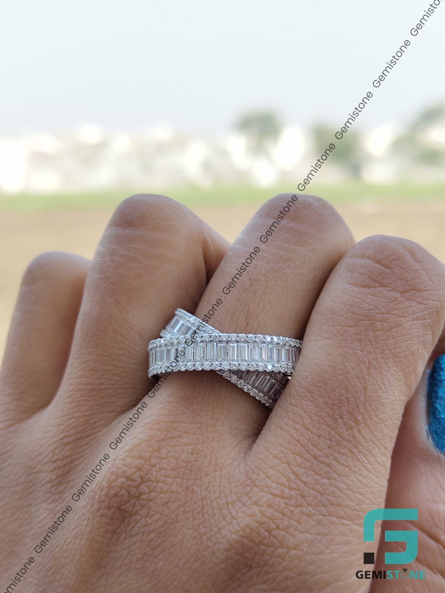 VVS Diamond Round and Baguette Crossover Ring | Criss Cross Diamond Wedding Band