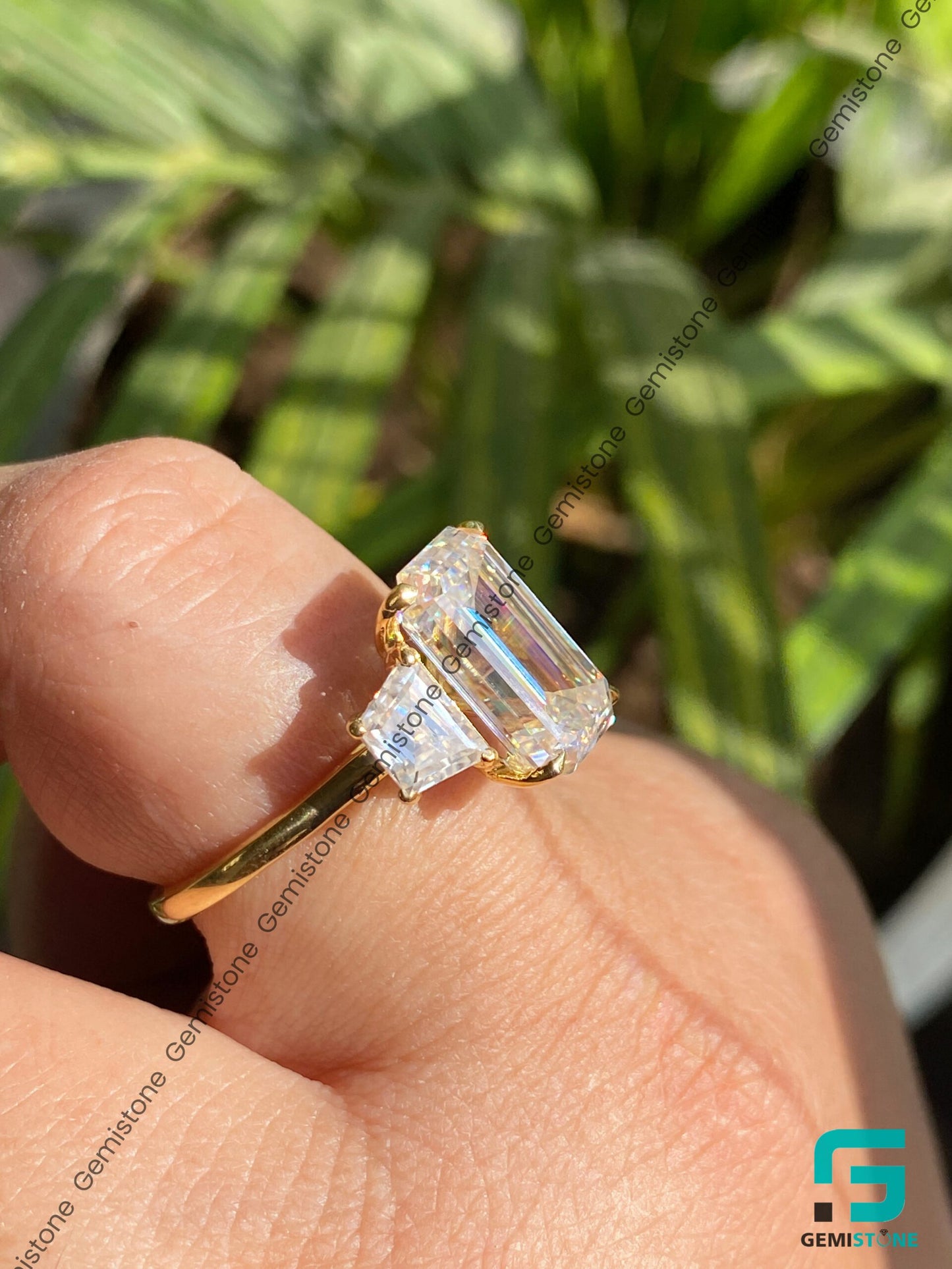 Emerald Cut & Trapezoid Baguette Moissanite Demi Lovato Engagement Ring