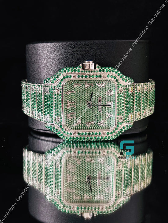 Arabic Number And Green Diamond Hip Hop Watch