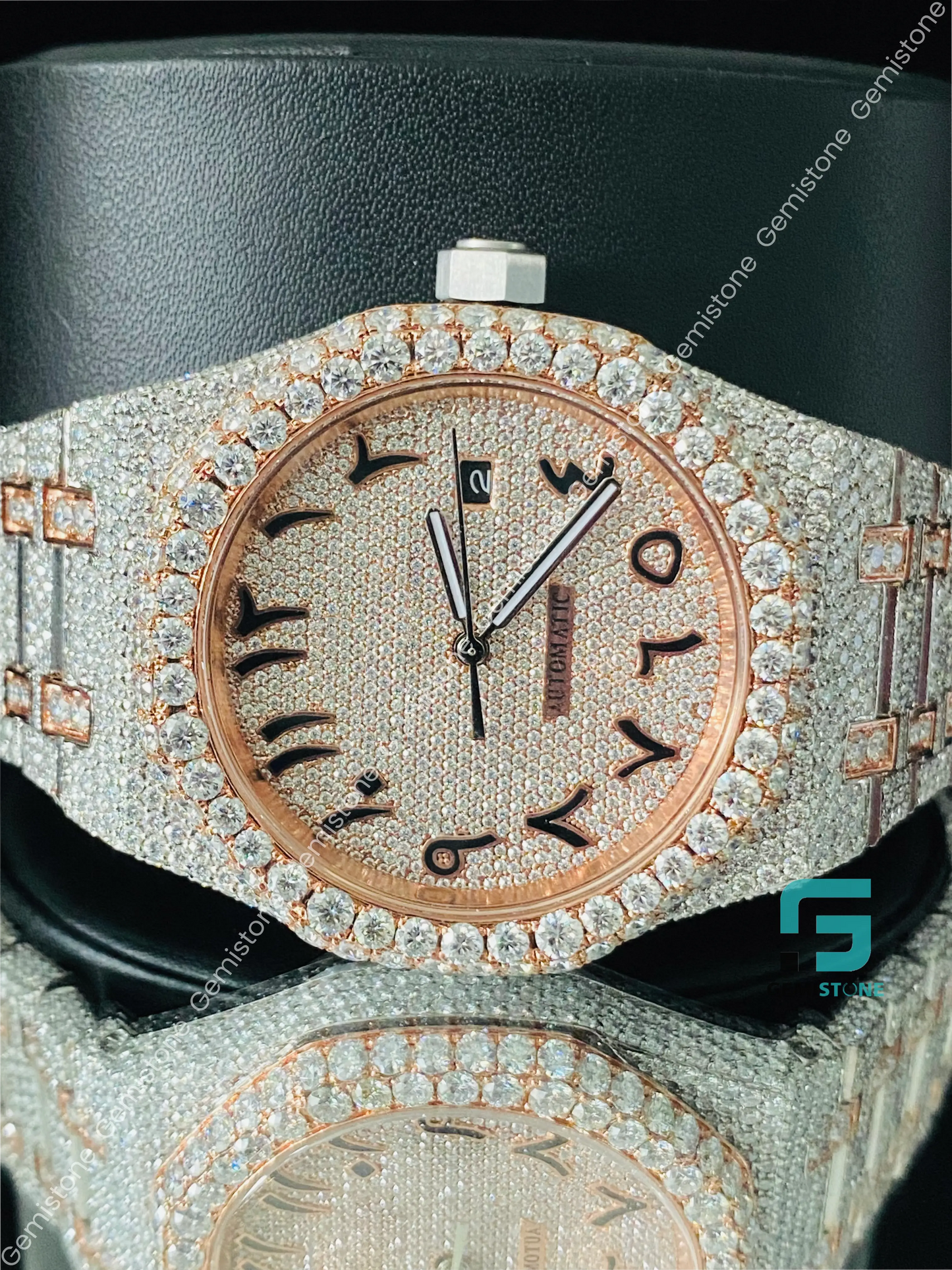 Mens 41MM Two Tone Arabic Number Fully Iced Out Moissanite Watch