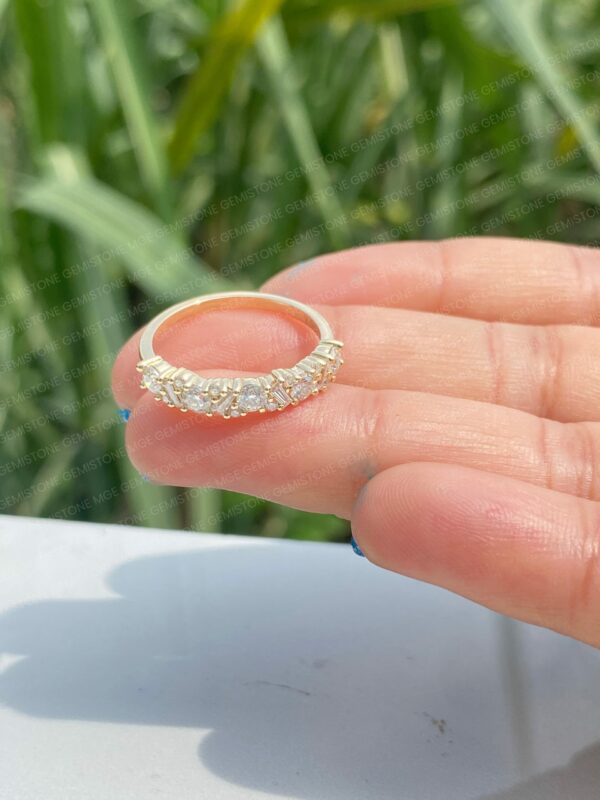 Round and Tapered Baguette Cut Moissanite Mosaic Diamond Wedding Band For Women | Half Eternity Matching Band