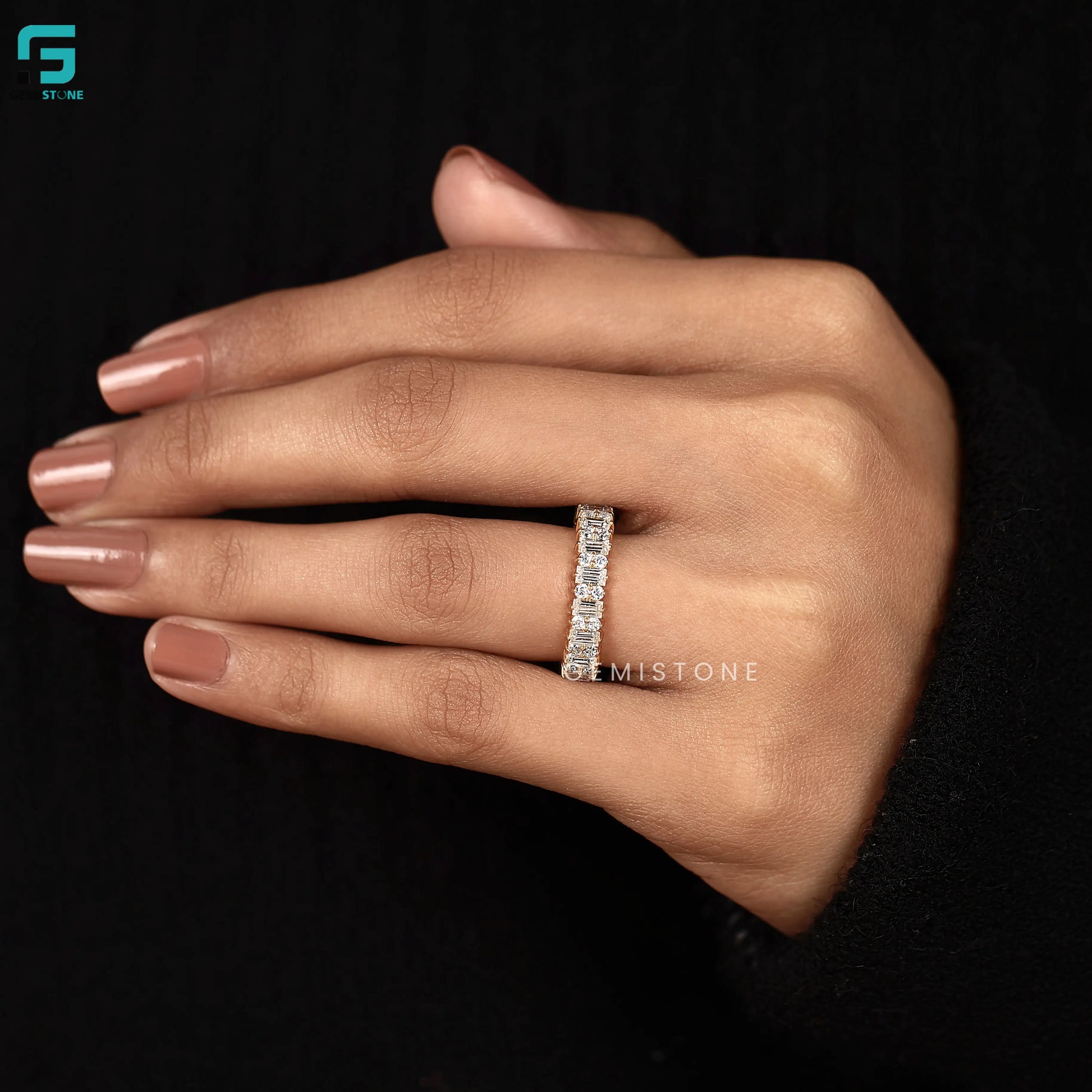 Art Deco Baguette and Round Diamond Wedding Band 