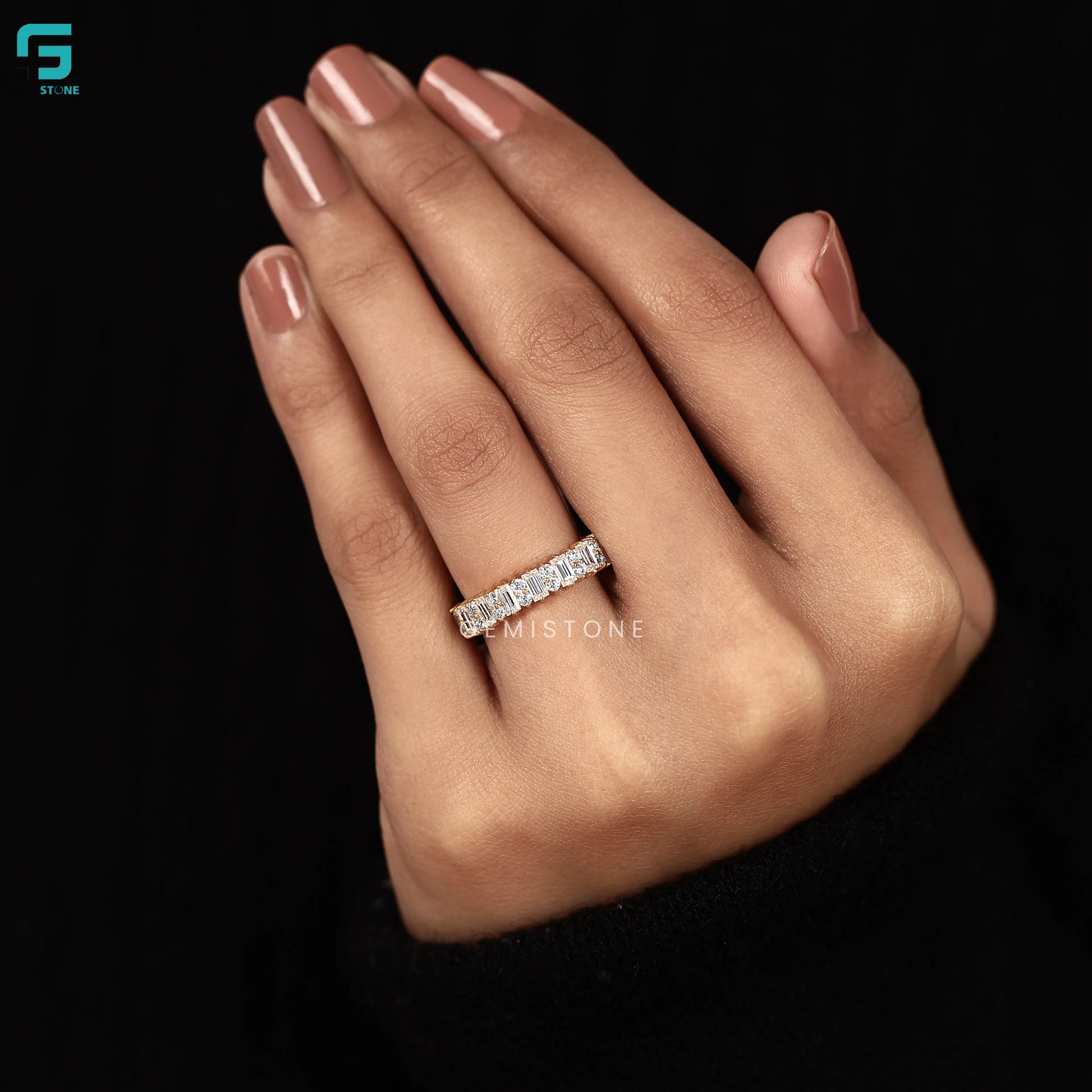 Art Deco Baguette and Round Diamond Wedding Band For Women