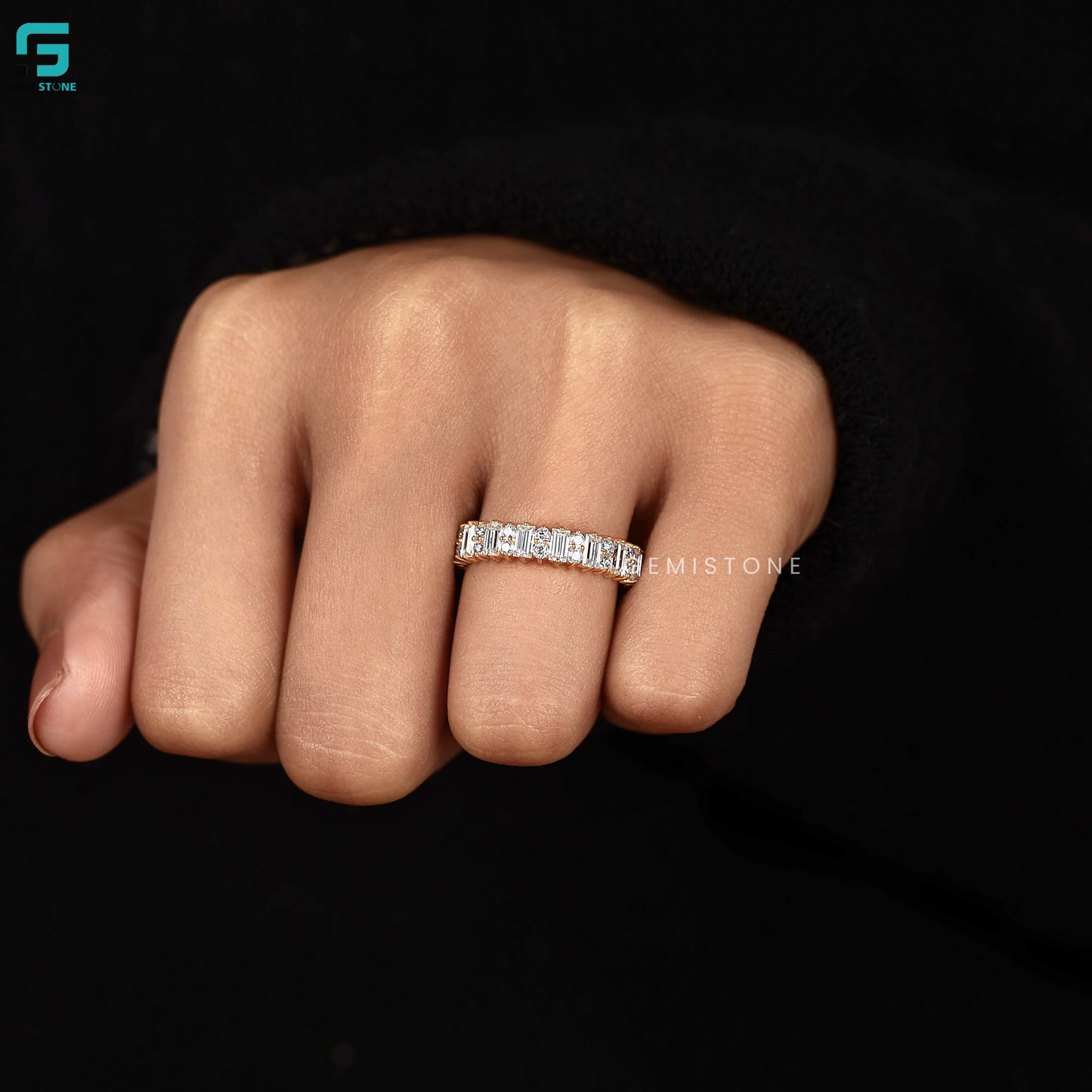 Art Deco Baguette and Round Lab Diamond Wedding Band