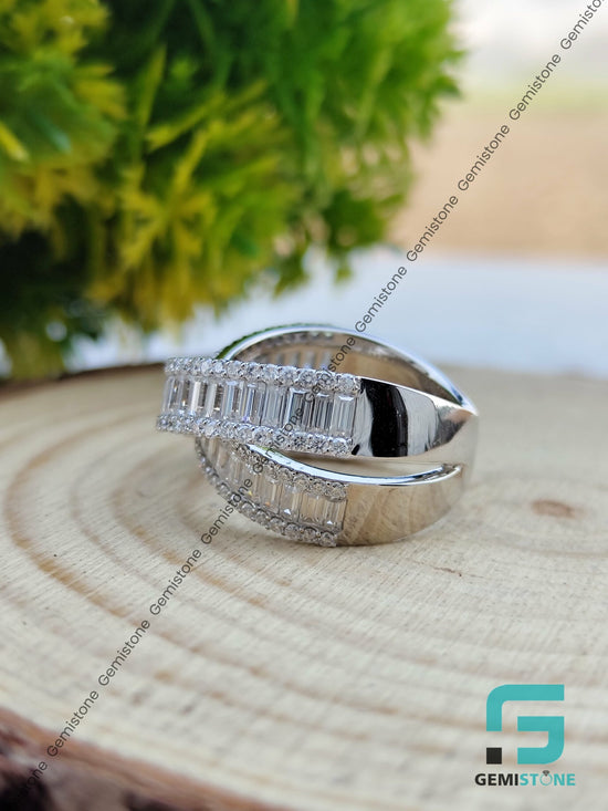 VVS Diamond Round and Baguette Crossover Ring | Criss Cross Diamond Wedding Band