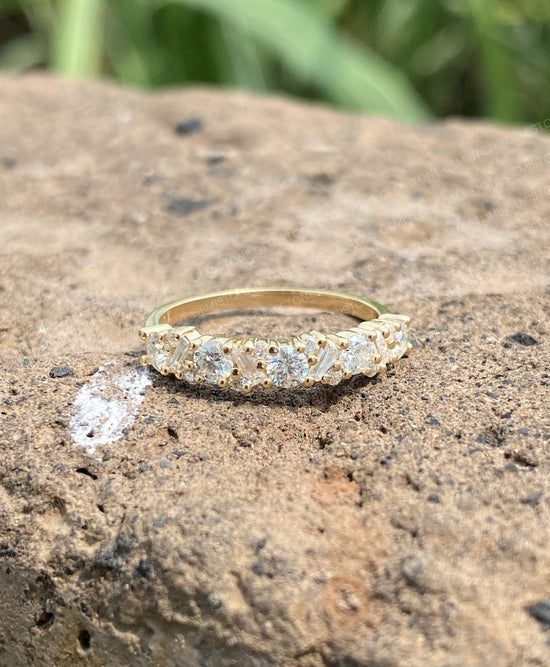 Round and Tapered Baguette Cut Moissanite Mosaic Diamond Wedding Band For Women | Half Eternity Matching Band