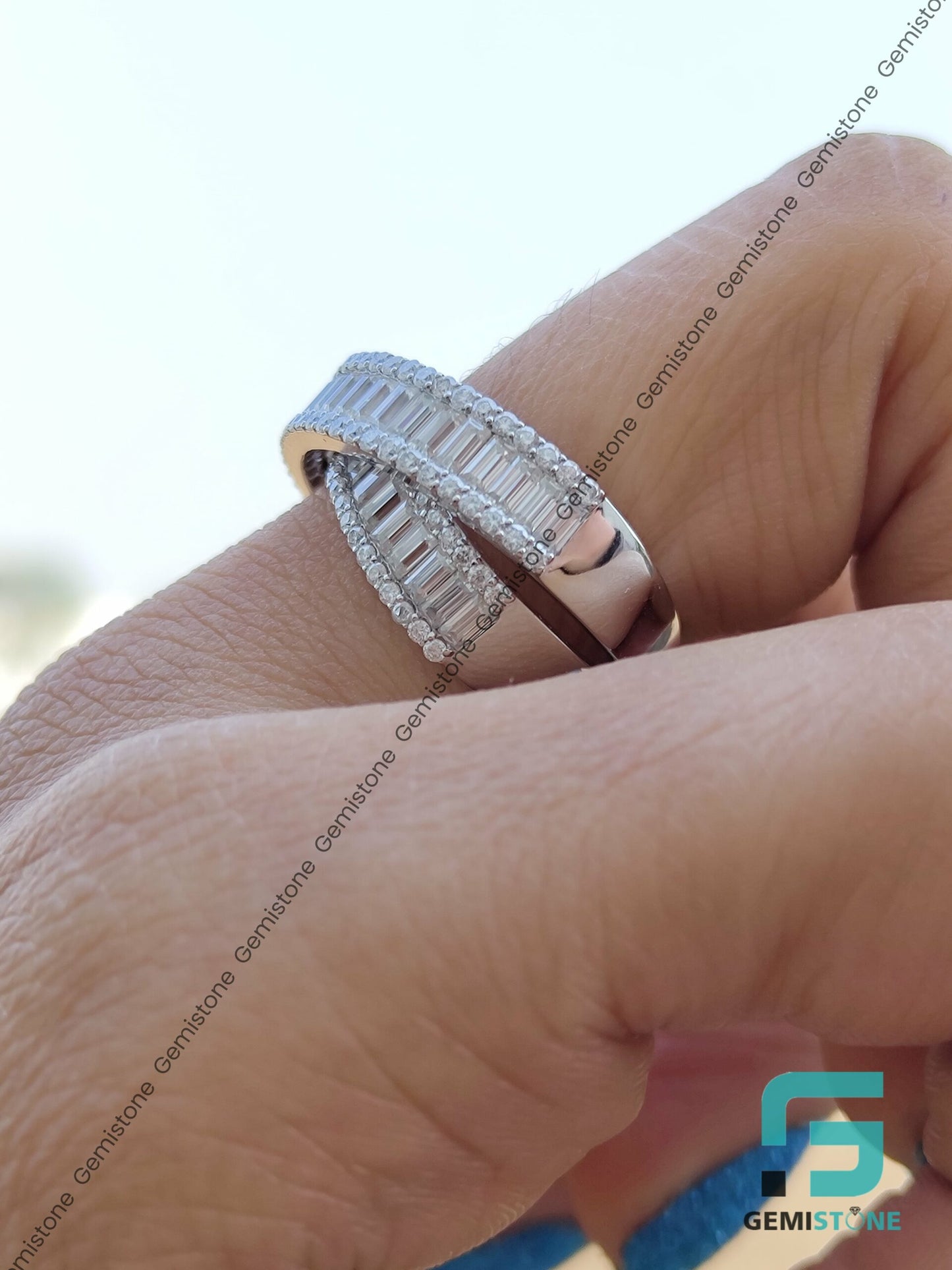 VVS Diamond Round and Baguette Crossover Ring | Criss Cross Diamond Wedding Band