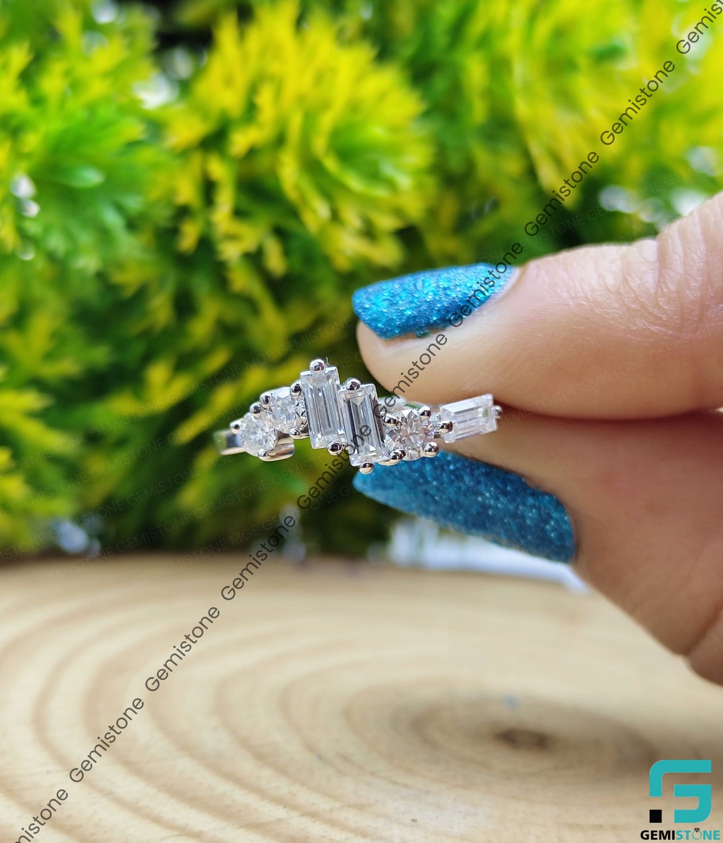 Baguettte and Round Cut Moissanite Curved Stacking Wedding Band