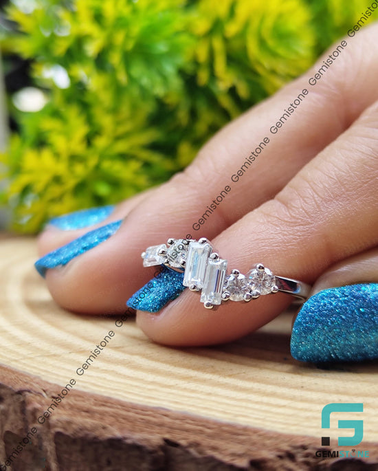 Baguettte and Round Cut Moissanite Curved Stacking Wedding Band