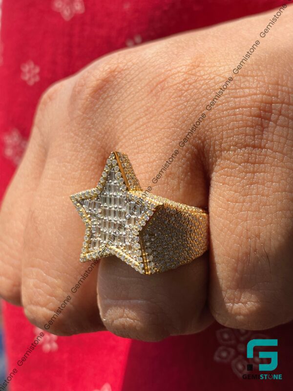 Iced Baguette and Round Moissanite Diamond Studded Hip Hop Mens Star Ring