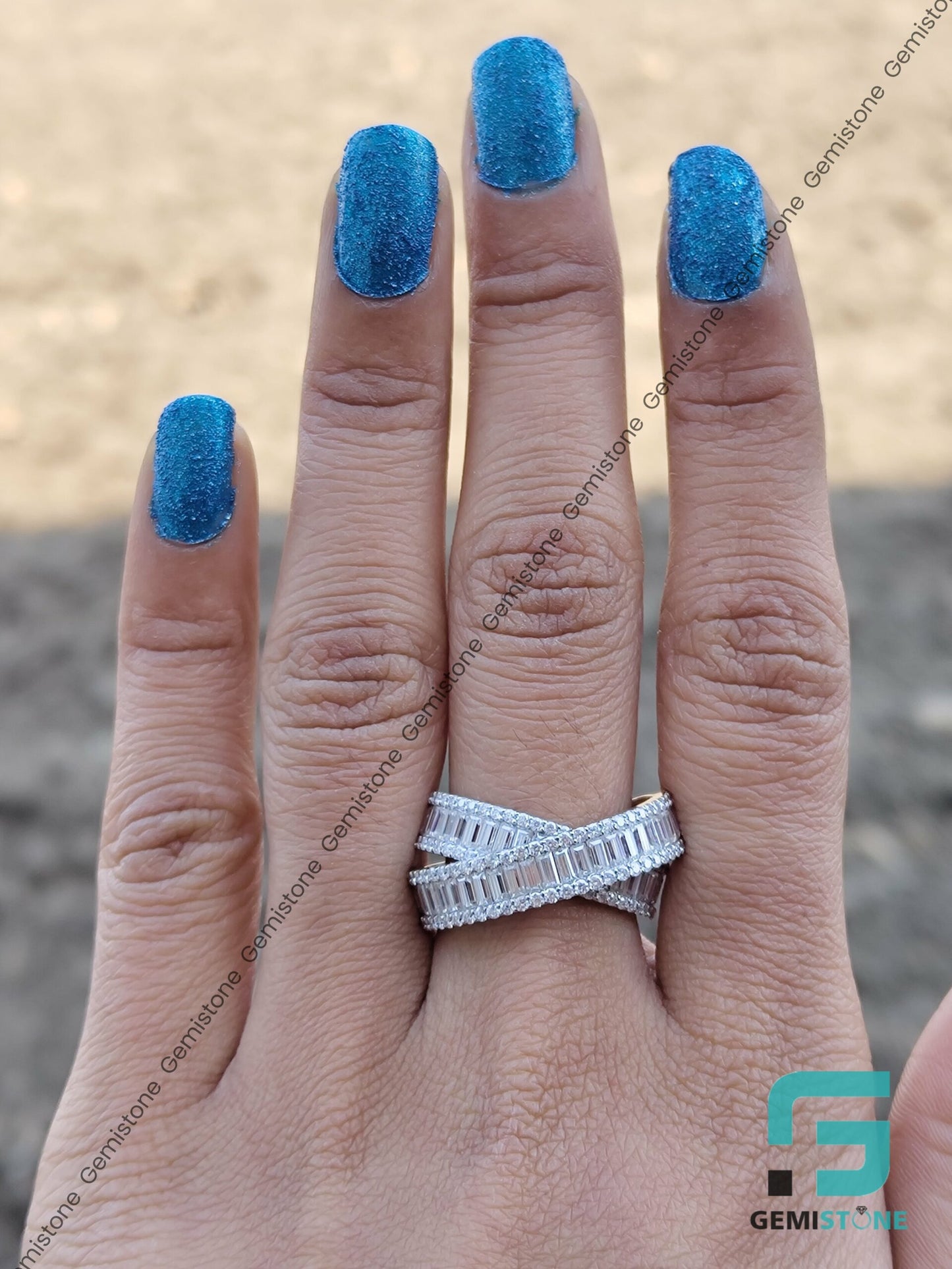 VVS Diamond Round and Baguette Crossover Ring | Criss Cross Diamond Wedding Band
