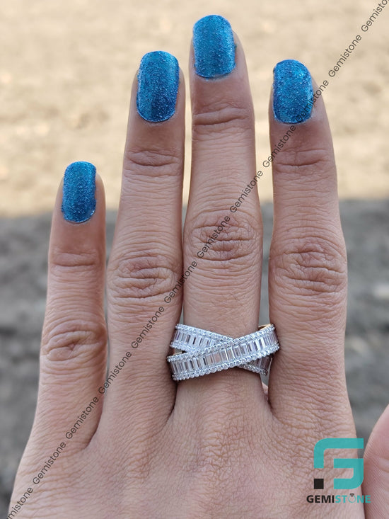 VVS Diamond Round and Baguette Crossover Ring | Criss Cross Diamond Wedding Band