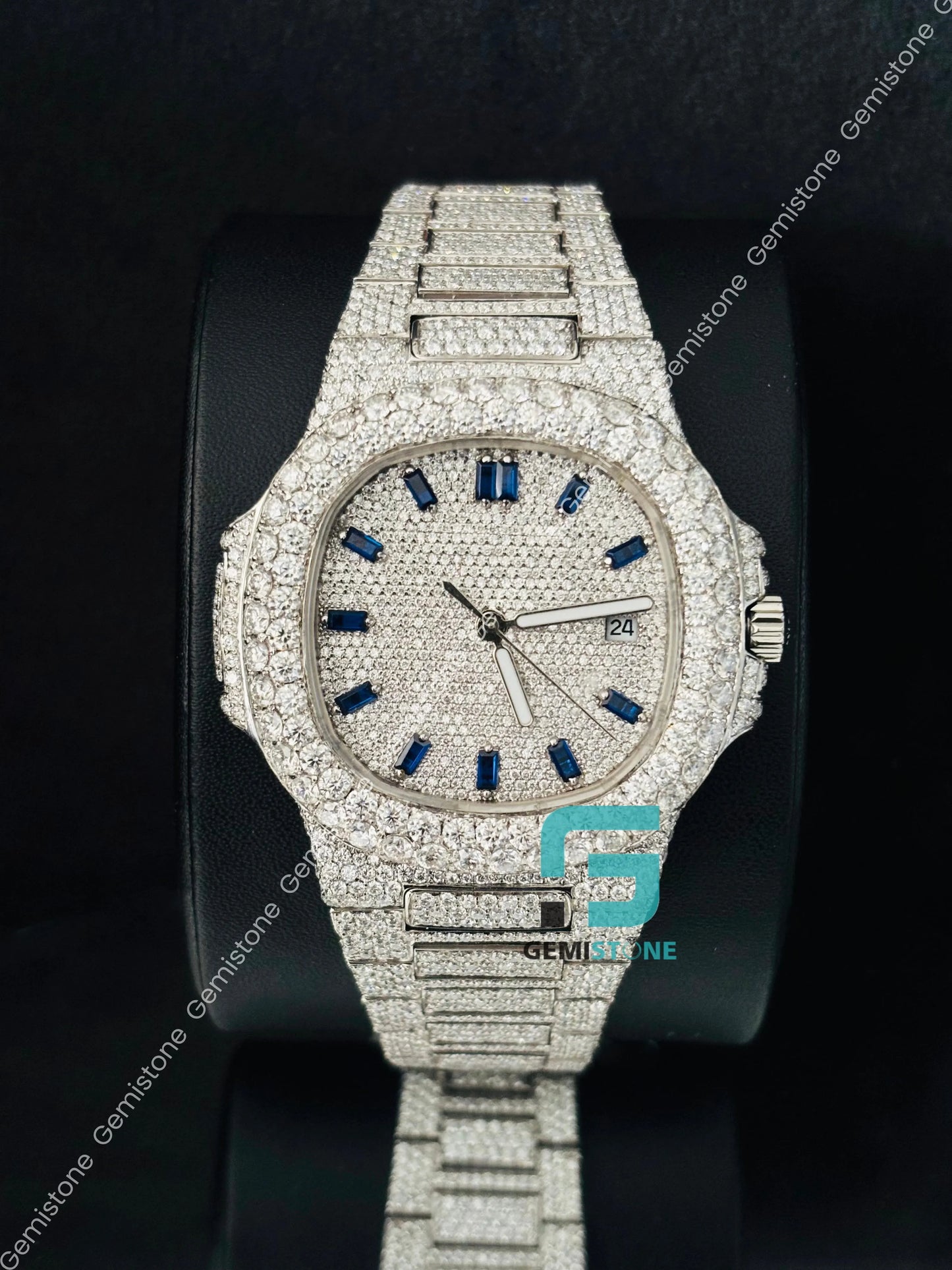 Baguette Bar Fully Iced Out Moissanite Patek Watch