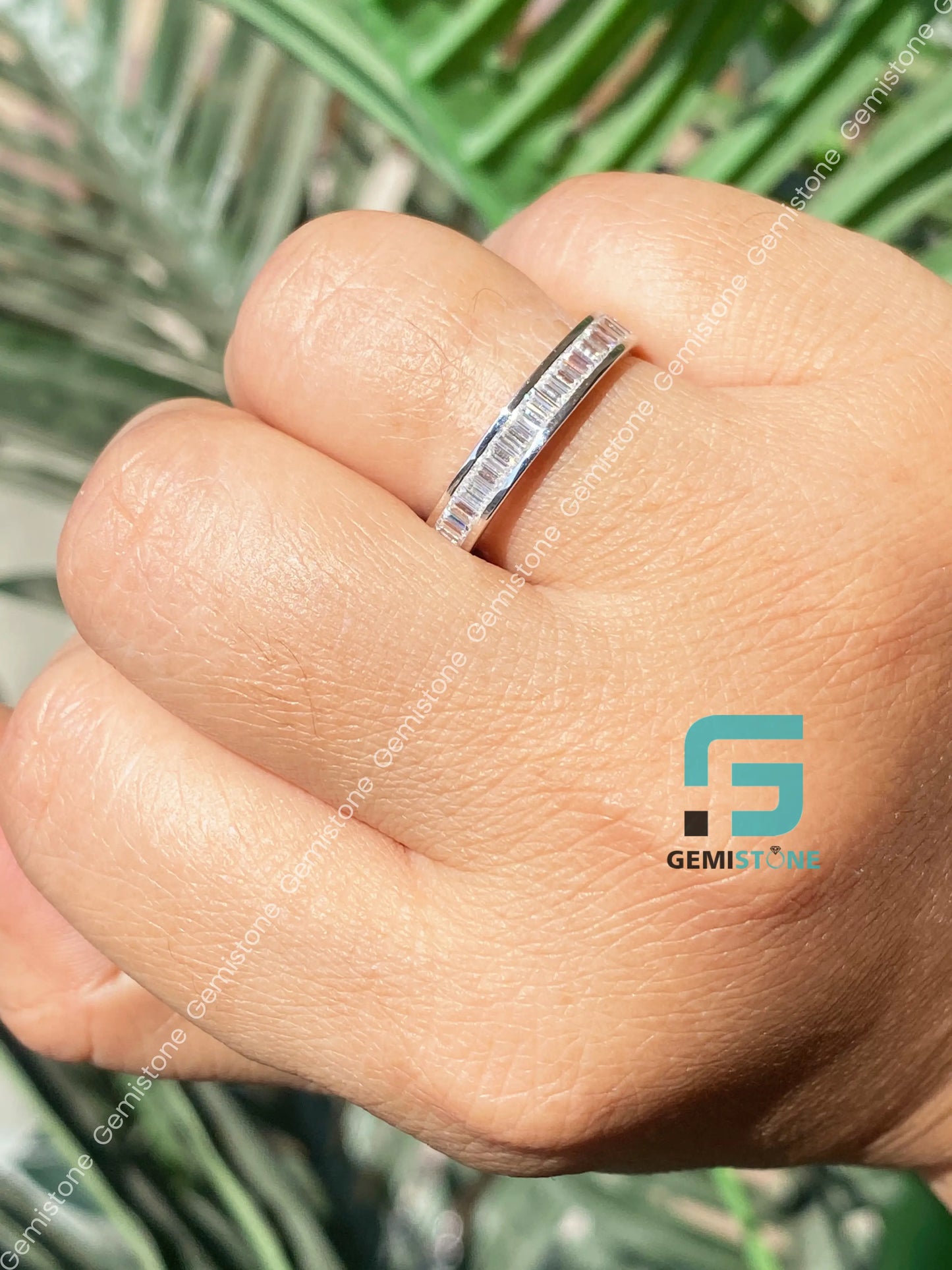 Baguette Cut Bezel Channel Set Half Eternity Stackable Wedding Band