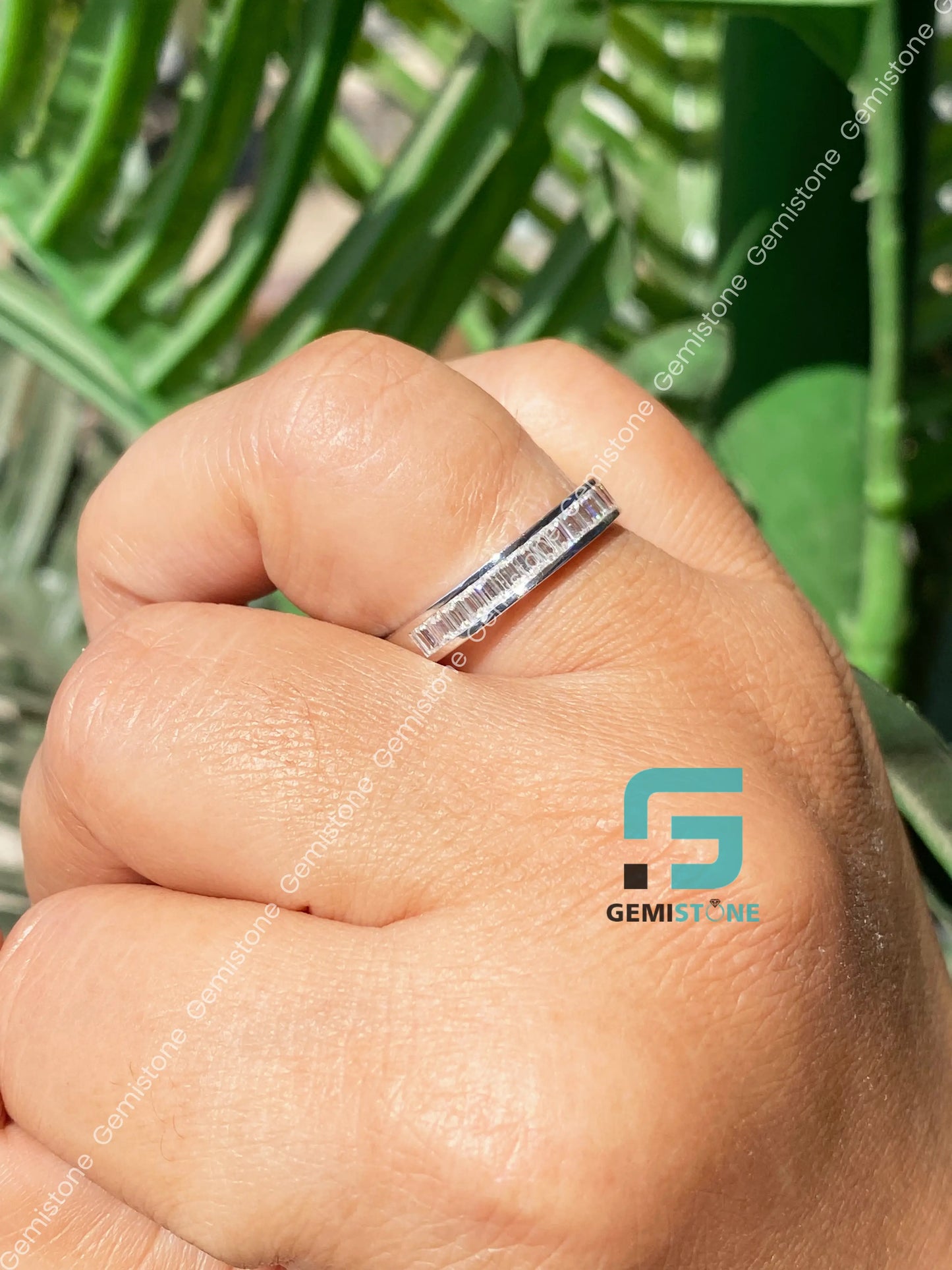 Baguette Cut Bezel Channel Set Half Eternity Stackable Wedding Band For Women