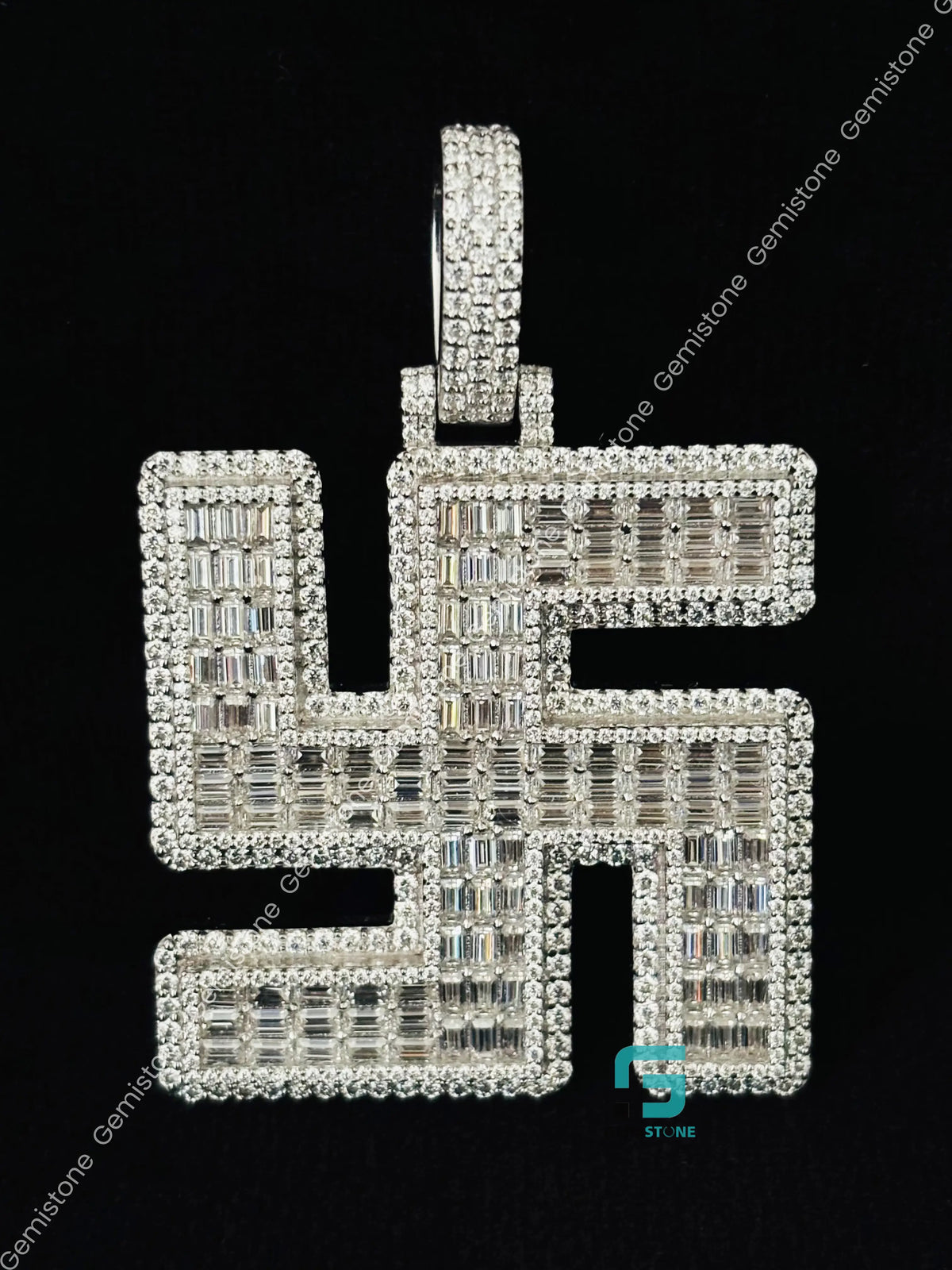 Baguette & Round Swastik Moissanite Iced Out Pendant