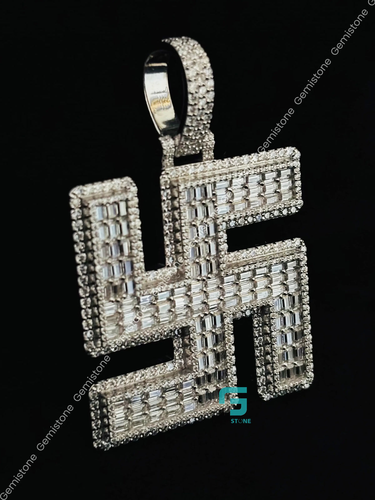 Baguette & Round Swastik Moissanite Iced Out Pendant