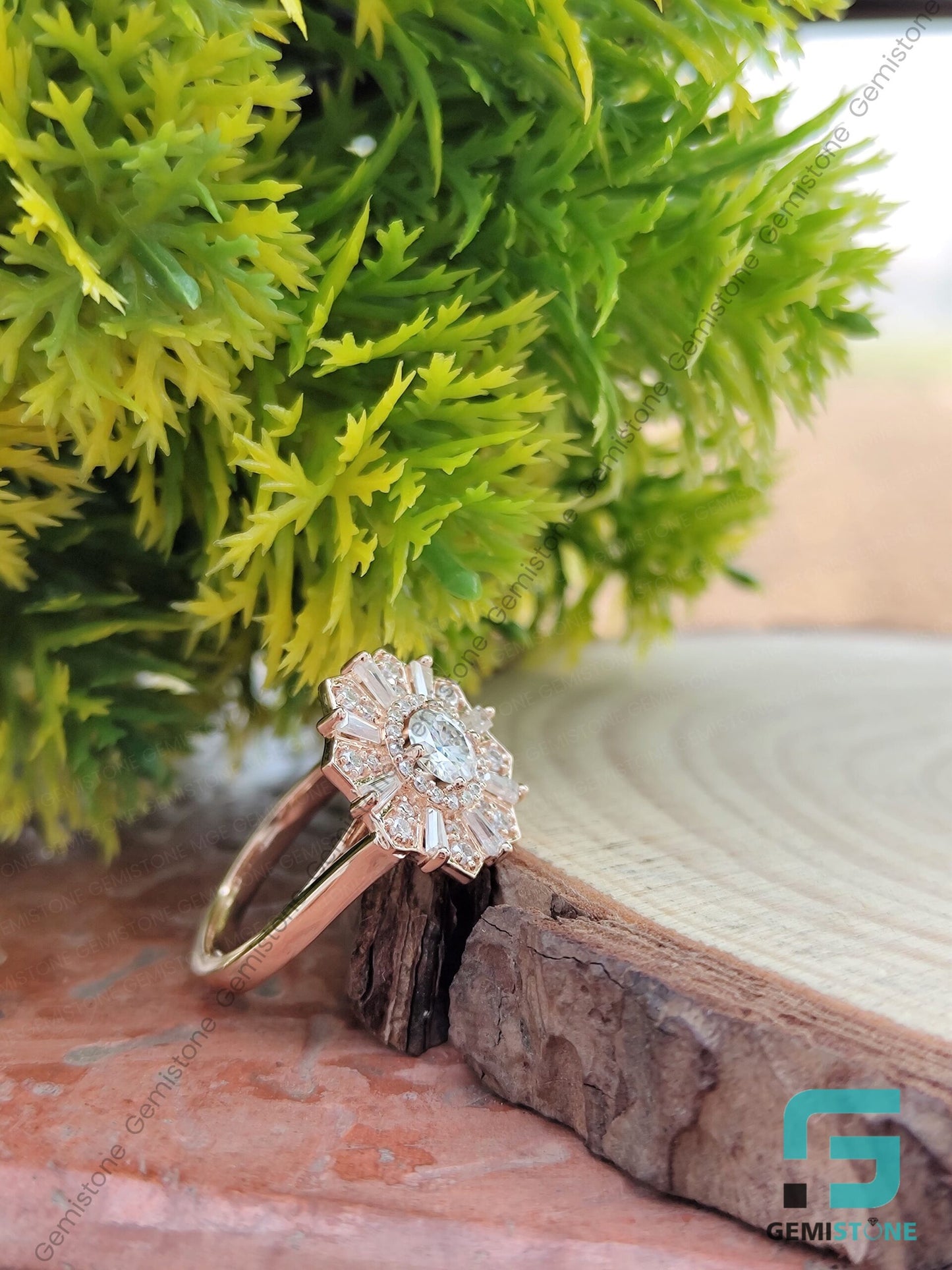 Round & Baguette Cut Moissanite Halo Engagement Ring