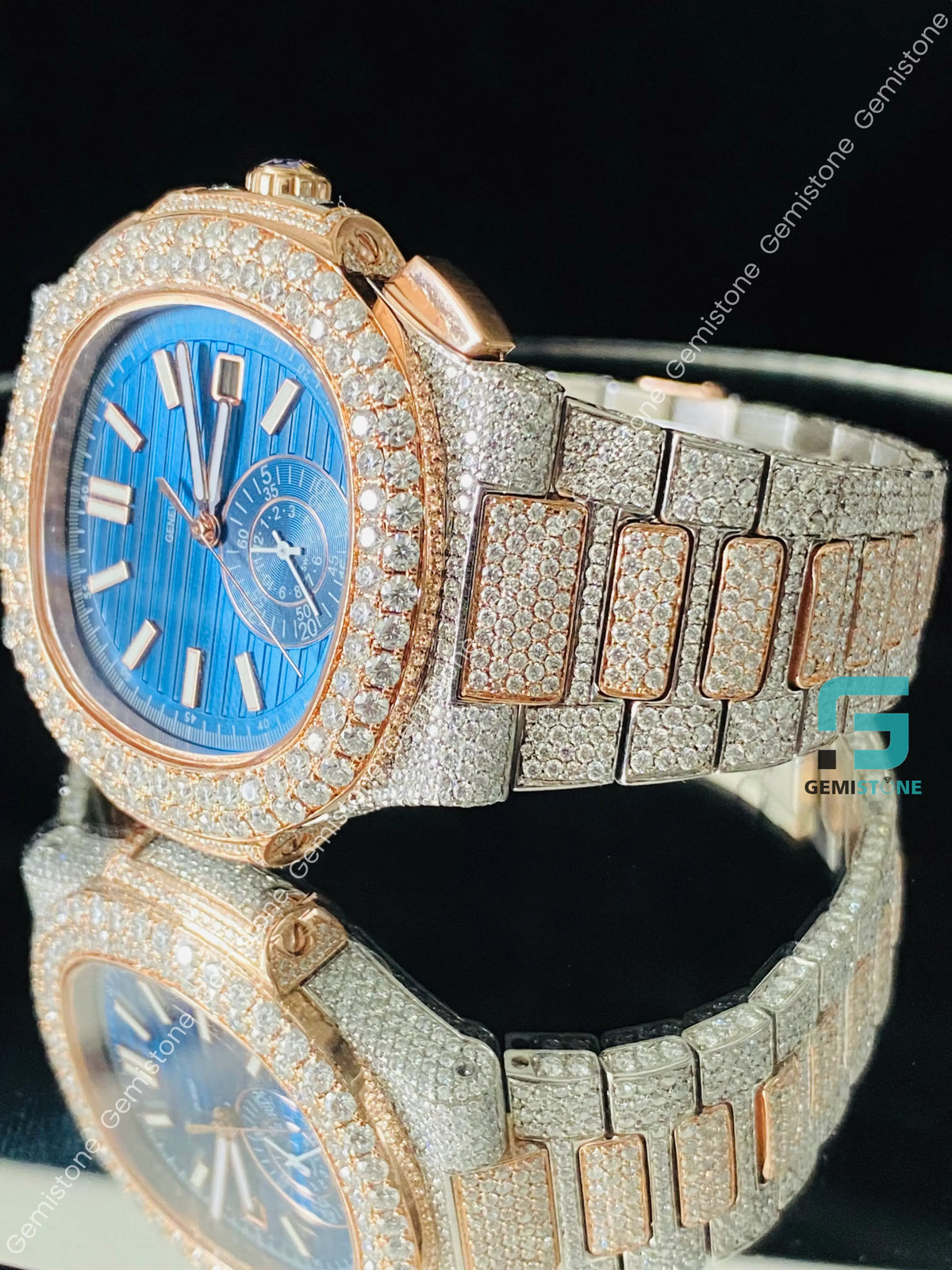 Best Rappers Watch Two Tone Blue Dial Rose Gold Plated Moissanite Watch – Gemistone