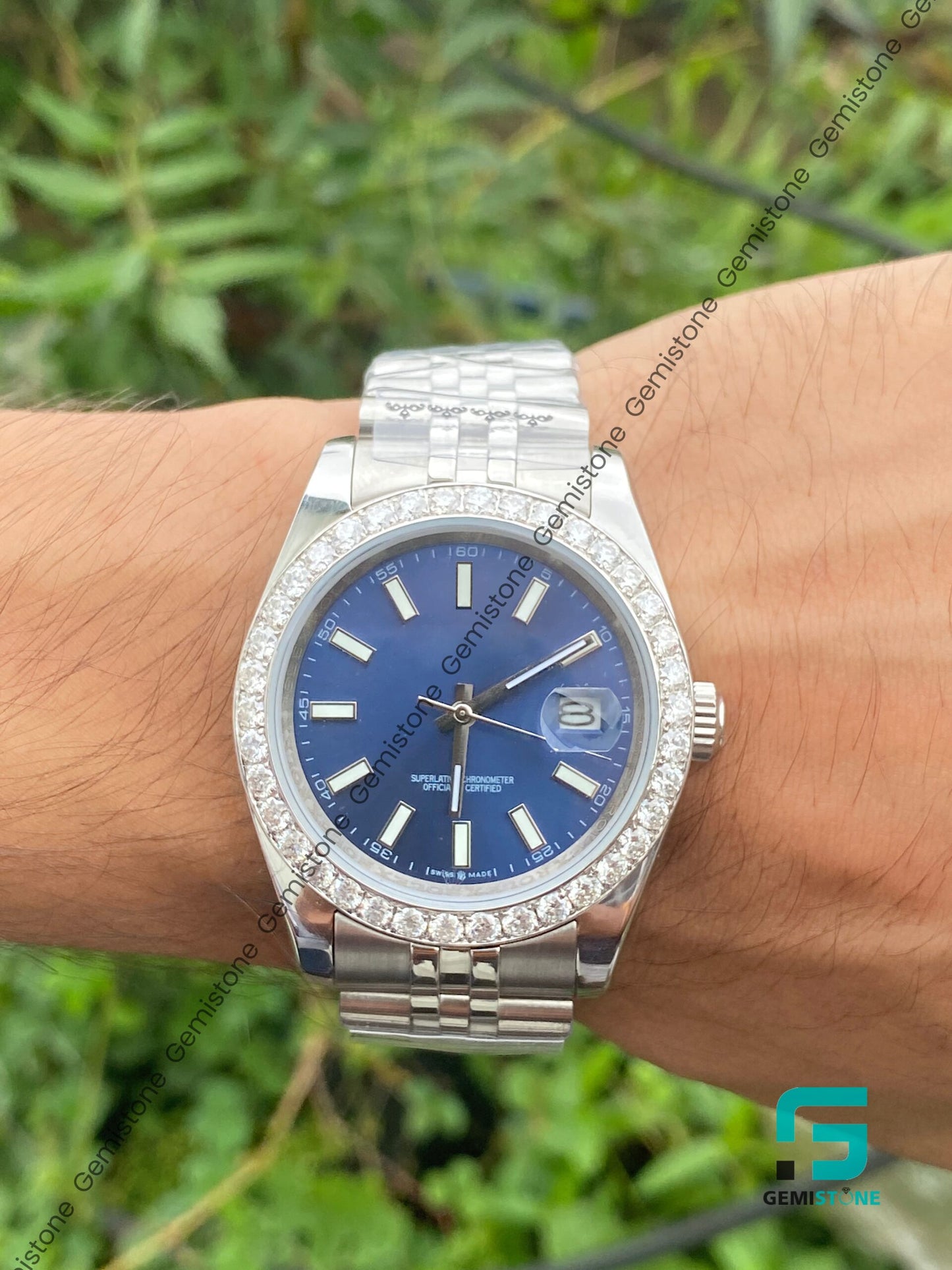 VVS Moissanite Bezel Diamond Intense Blue Dial Date Just Watch