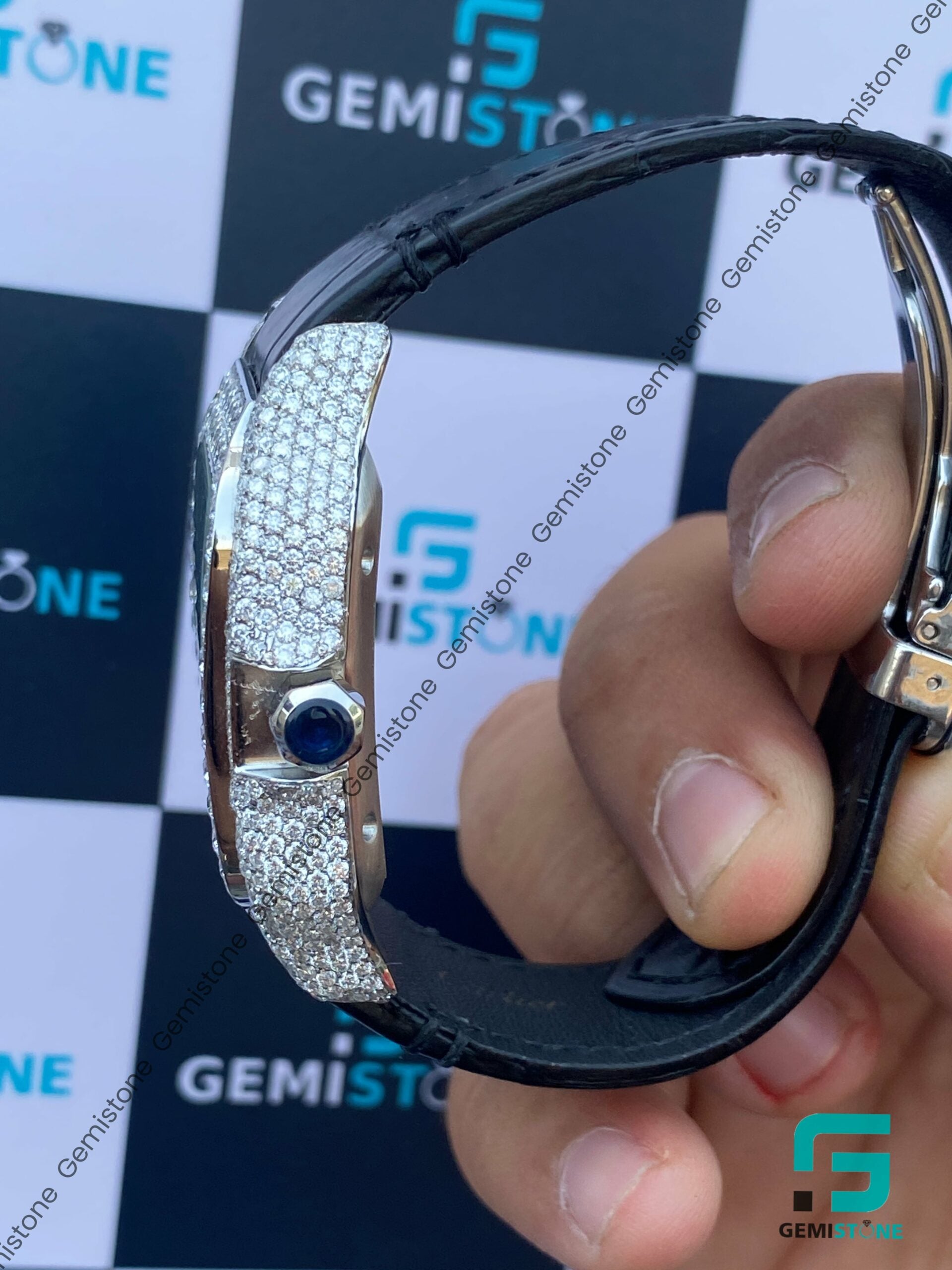 Bezel-Set-Diamond-Black-Starp-Moissanite-Watch