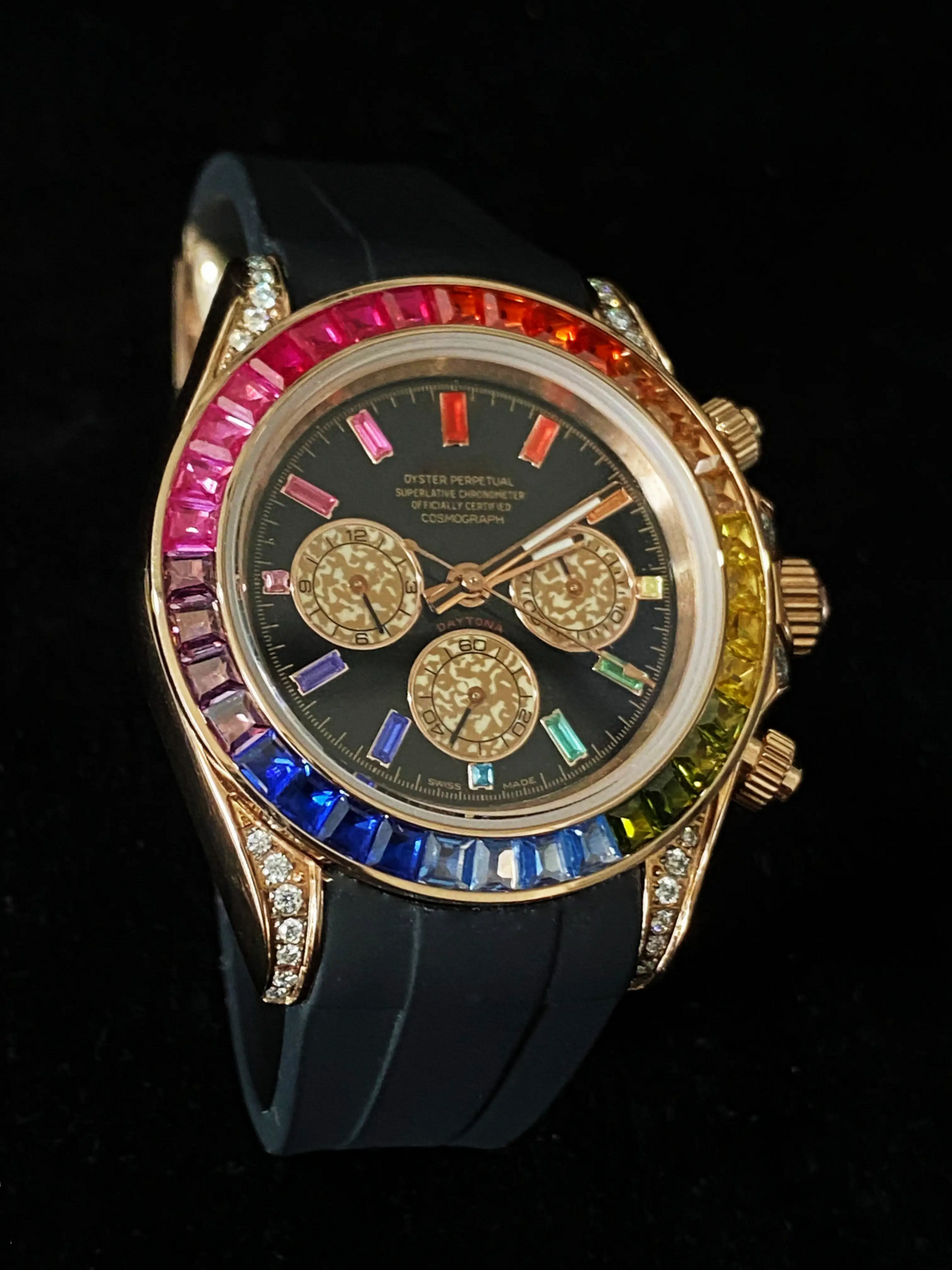 Black Strap With 41MM Colorfull Baguette Bezel Dial Moissanite Watch