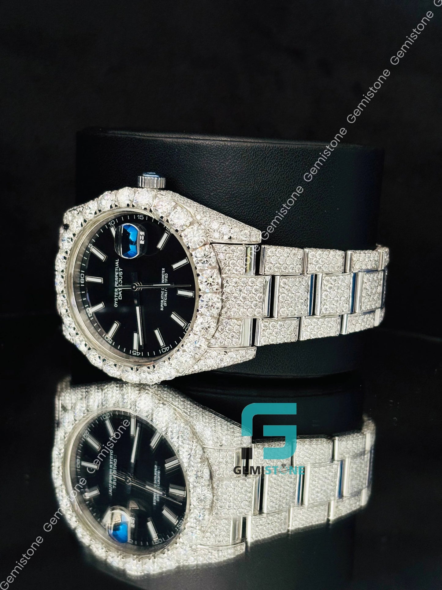 41MM Big Bezel Black Dial White Bar Moissanite Watch