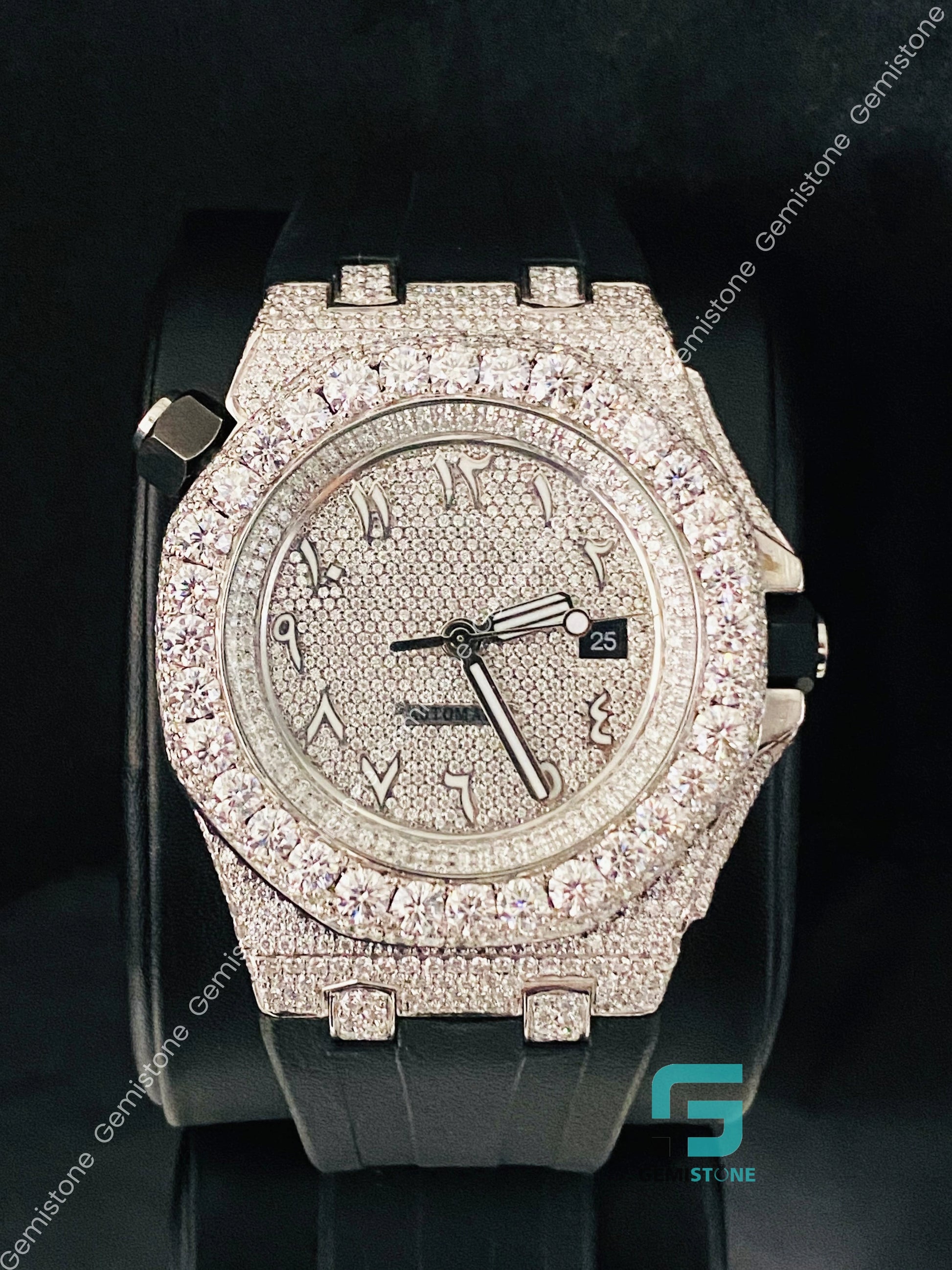 Big Bezel Moissanite Black Silicon Belt Watch
