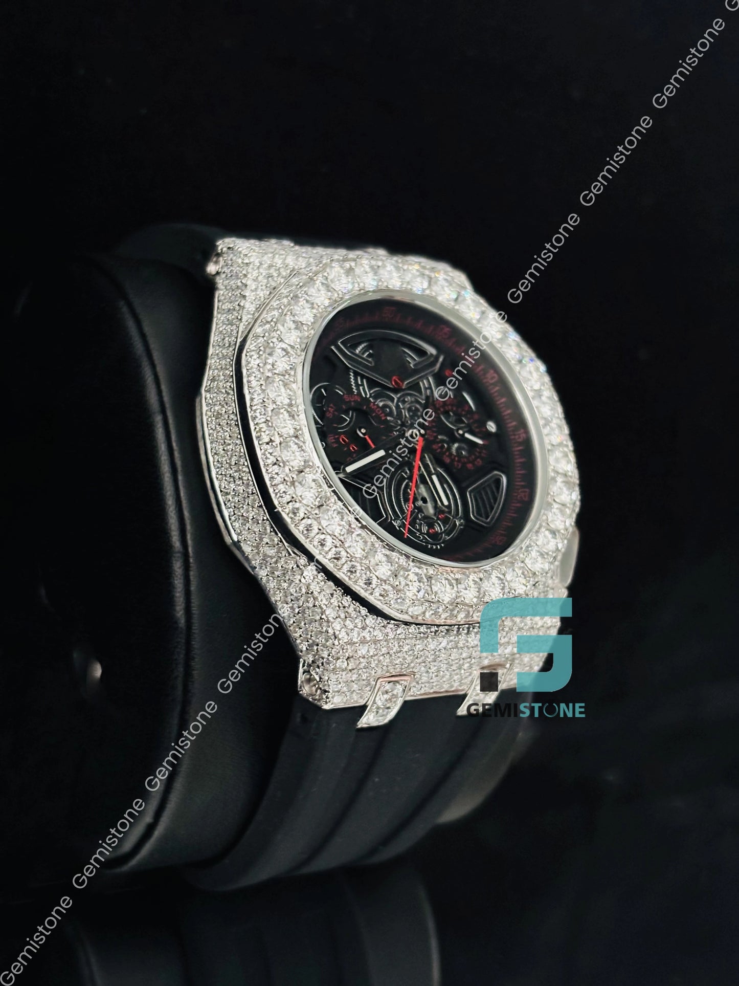 Big Bezel Moissanite Black Skeleton Dial Watch