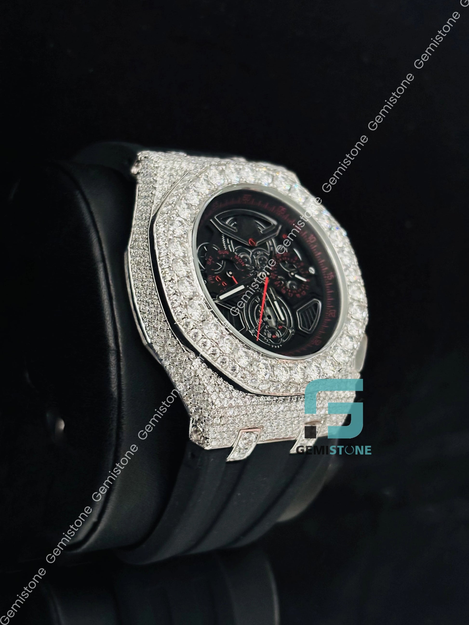 Big Bezel Moissanite Black Skeleton Dial Watch