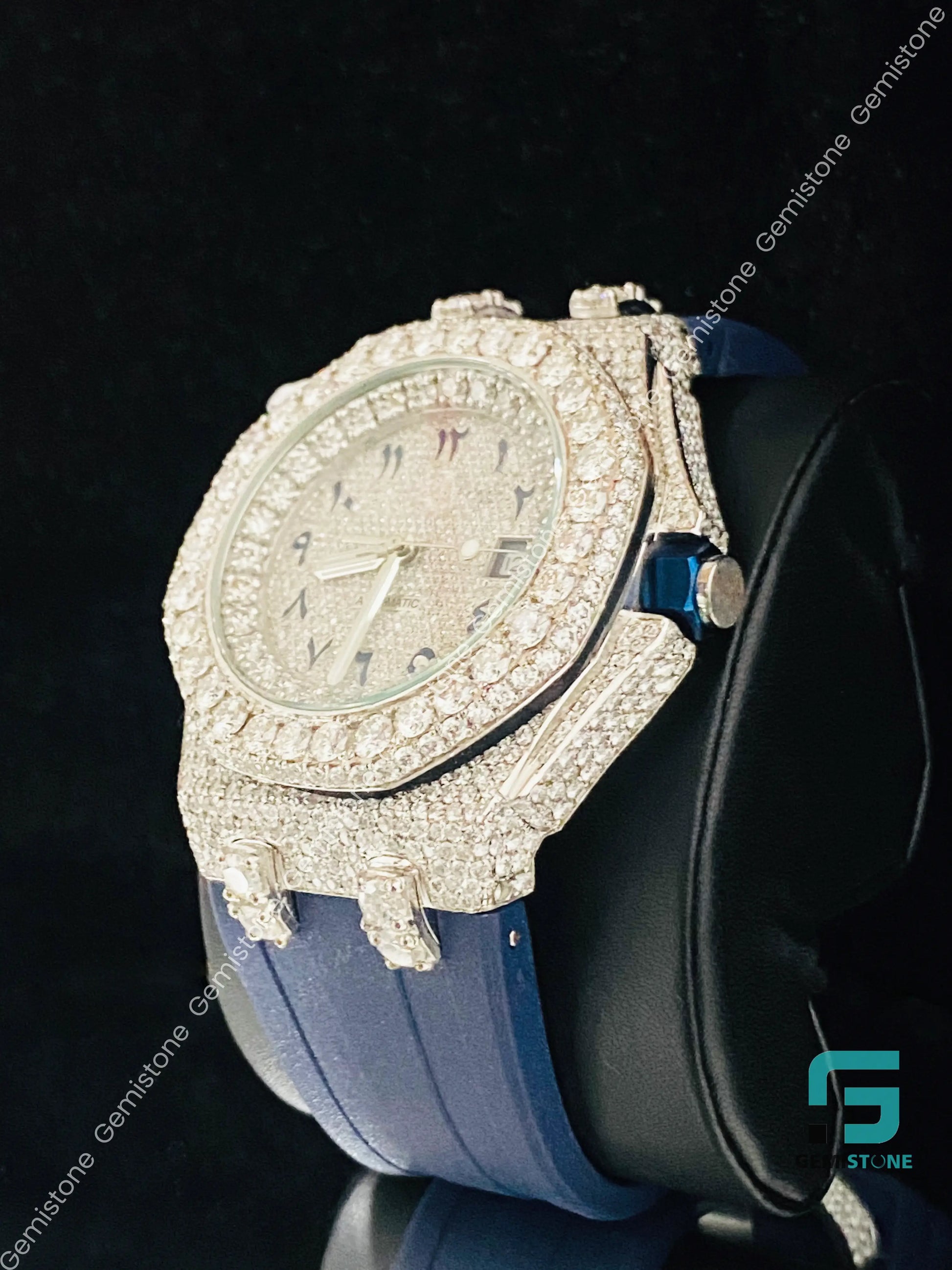 Big Bezel Royal Blue Silicon Belt Moissanite Stone Watch