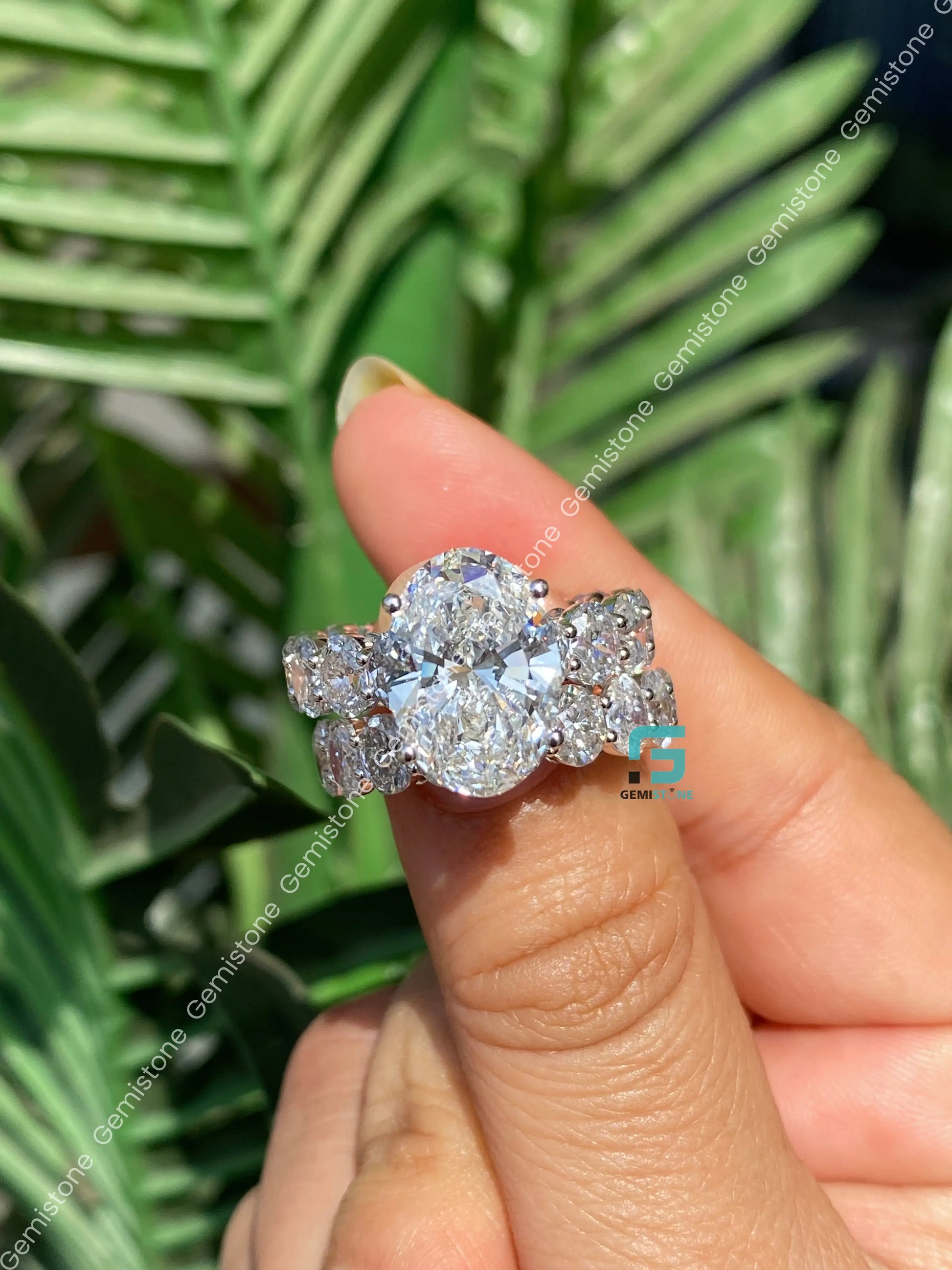 Big Oval Side Stone Moissanite Wedding Bridal Set For Women