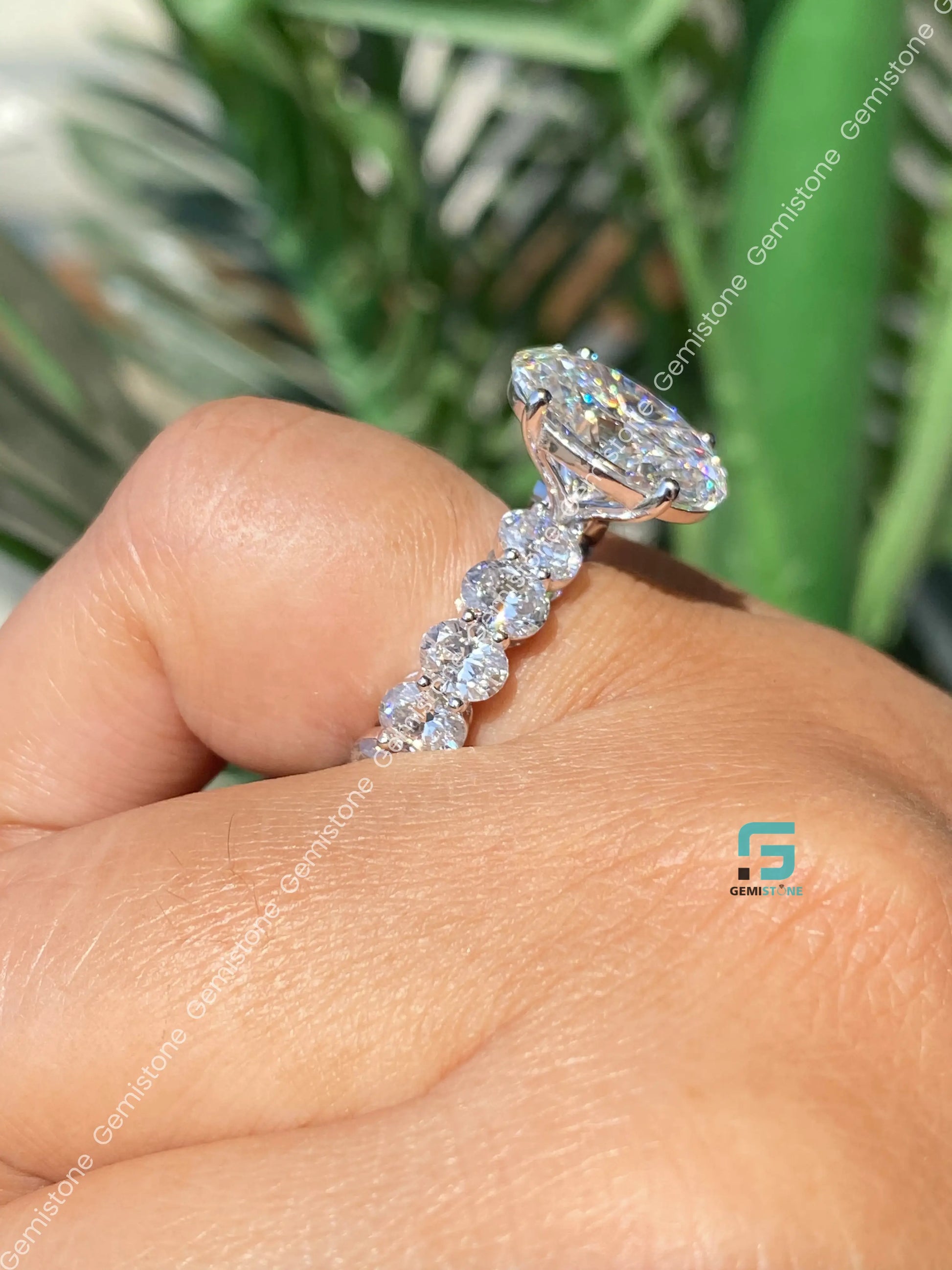 Big Oval Side Stone Moissanite Wedding Ring For Women