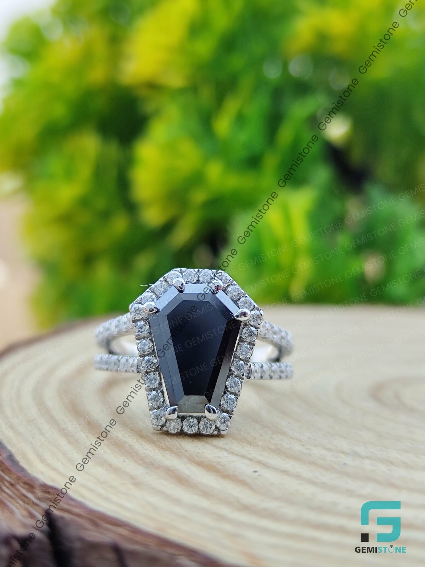 Vintage Halo 2 CT Black Coffin Cut Moissanite Engagement Ring