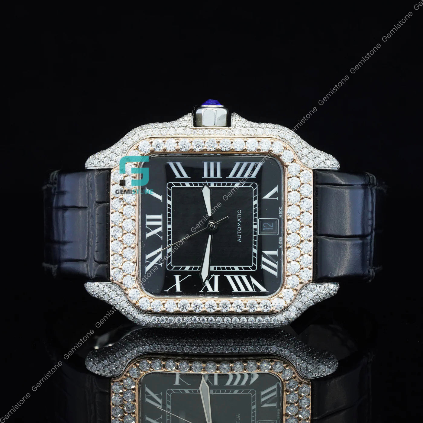 Black-Dial-Bezel-Moissanite-Watch