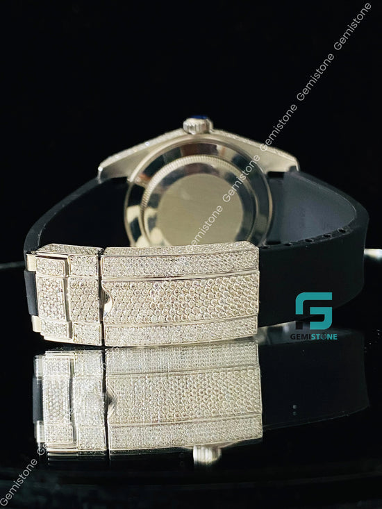 41MM Big Bezel Black Dial Moissanite Watch With Black Silicon Strap