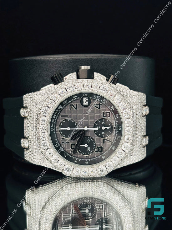 Mens Trendy Black Dial Multi Chronograph AP Diamond Moissanite Watch