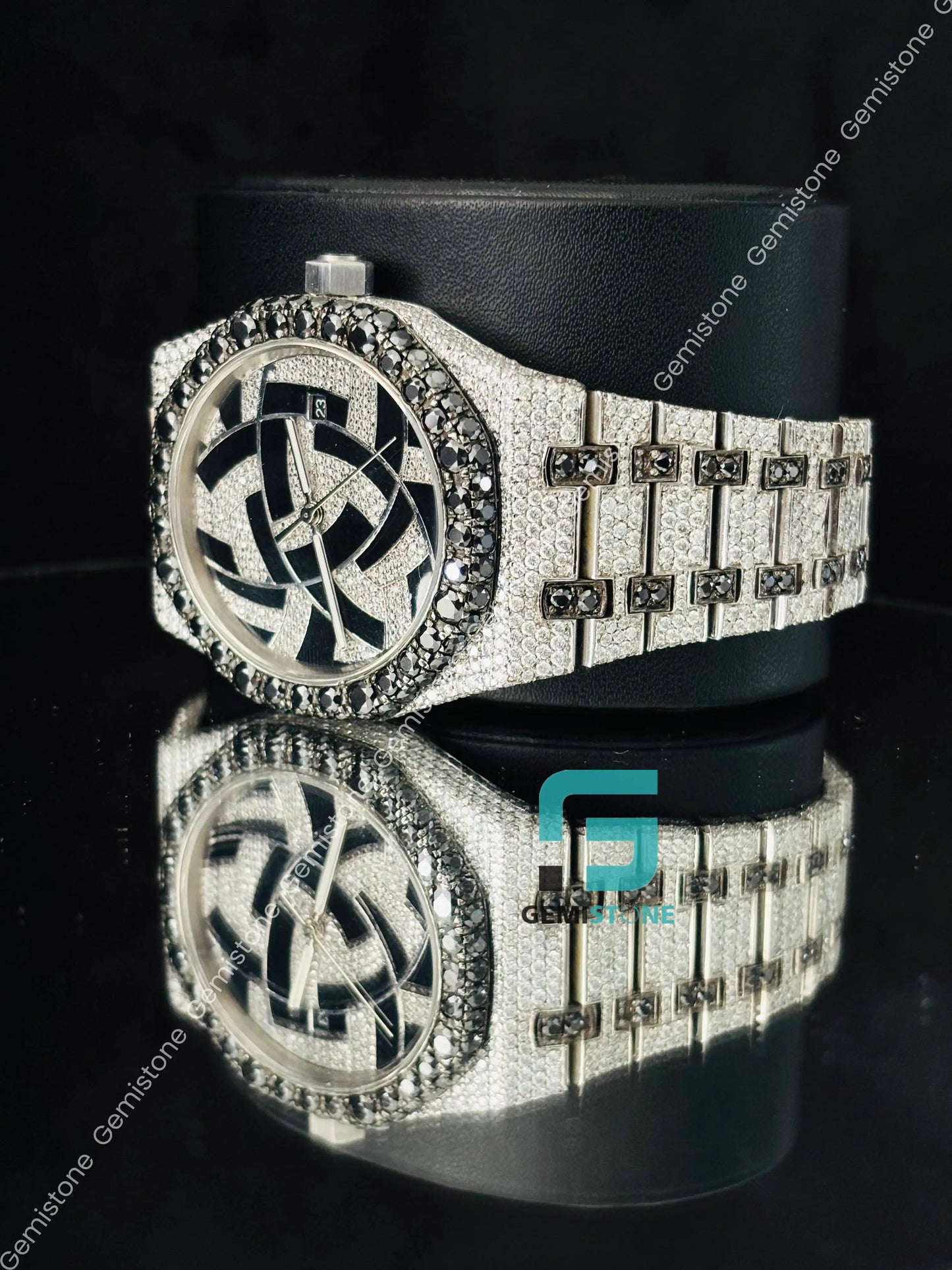 Geometric Dial Black & White Iced Moissanite Hip Hop Watch