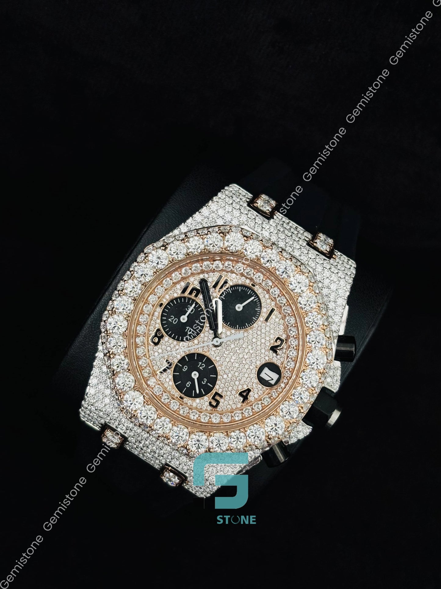 Stainless Steel Yellow Gold Plated Moissanite Watch for Men
