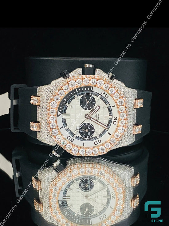 Elegant White Bezel Dial Diamond Moissanite Watch With Black Silicon Rubber Belt